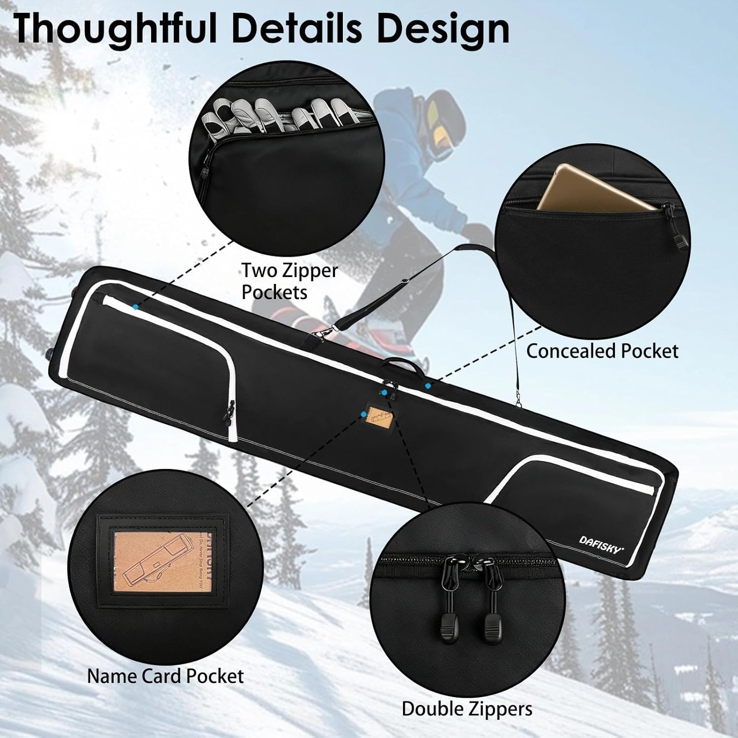 DAFISKY Ski Bags for Air Travel - Ski Bag with Wheels Fit Single Snowboard or Double Skis up to 175 or 190 cm All-Round Padded Protection for Boots, Helmet, Ski Gear - Image 3