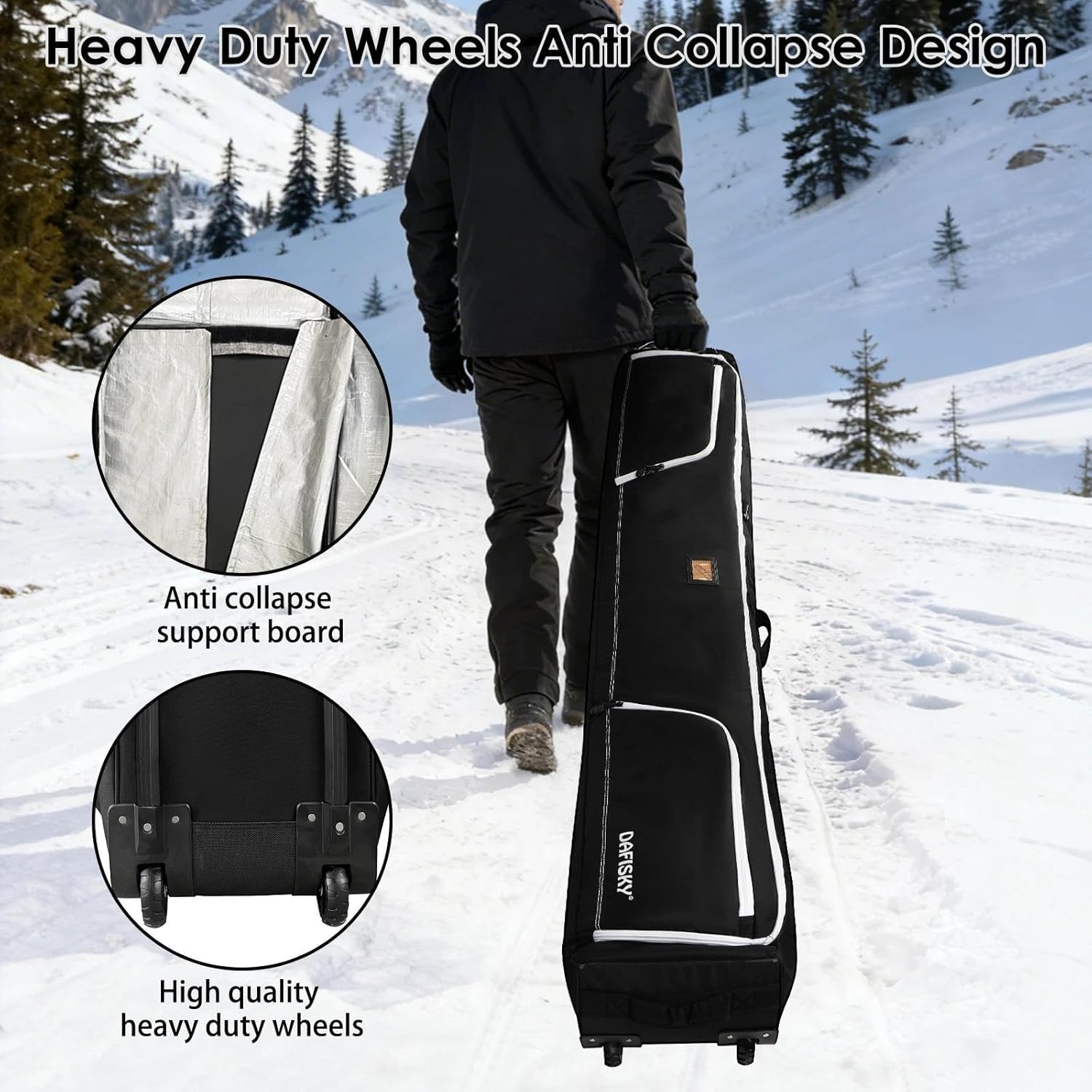 DAFISKY Ski Bags for Air Travel - Ski Bag with Wheels Fit Single Snowboard or Double Skis up to 175 or 190 cm All-Round Padded Protection for Boots, Helmet, Ski Gear - Image 5