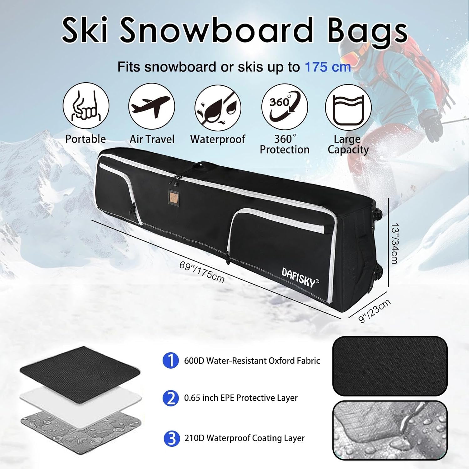 DAFISKY Ski Bags for Air Travel - Ski Bag with Wheels Fit Single Snowboard or Double Skis up to 175 or 190 cm All-Round Padded Protection for Boots, Helmet, Ski Gear - Image 6
