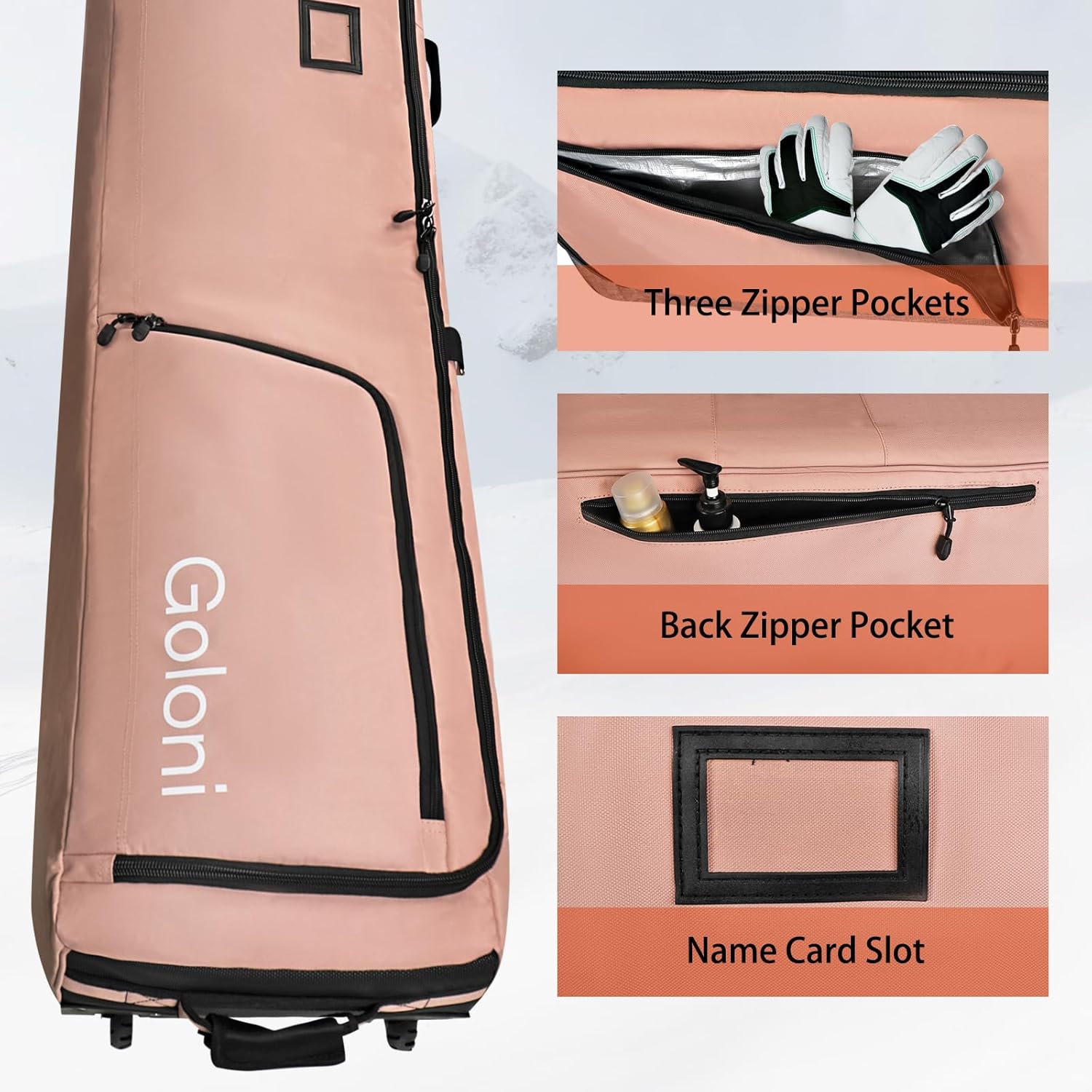 Goloni Ski Bag with Wheels, Padded Snowboard Bag for Air Travel, 600D Waterproof Fabric, Foldable Snow Bag Fits 2 Pairs Skis - Image 4