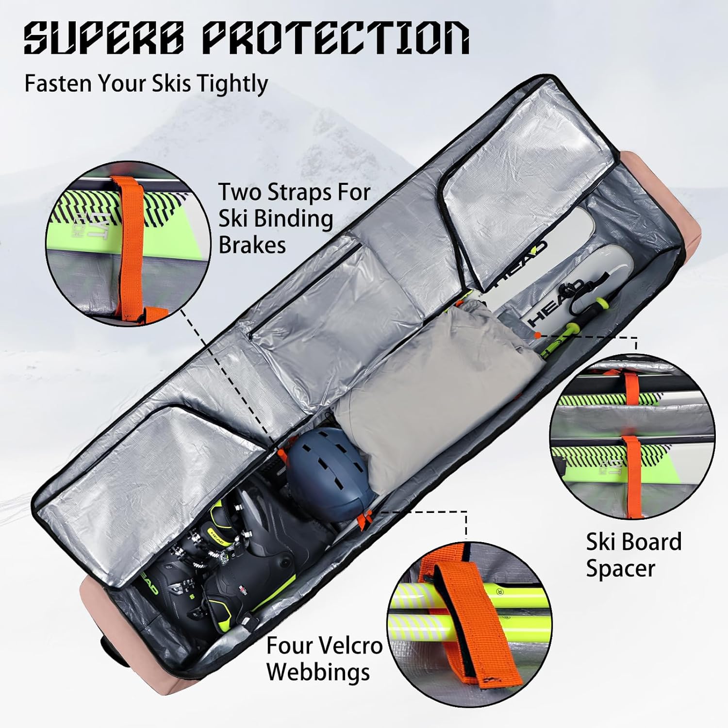 Goloni Ski Bag with Wheels, Padded Snowboard Bag for Air Travel, 600D Waterproof Fabric, Foldable Snow Bag Fits 2 Pairs Skis - Image 3