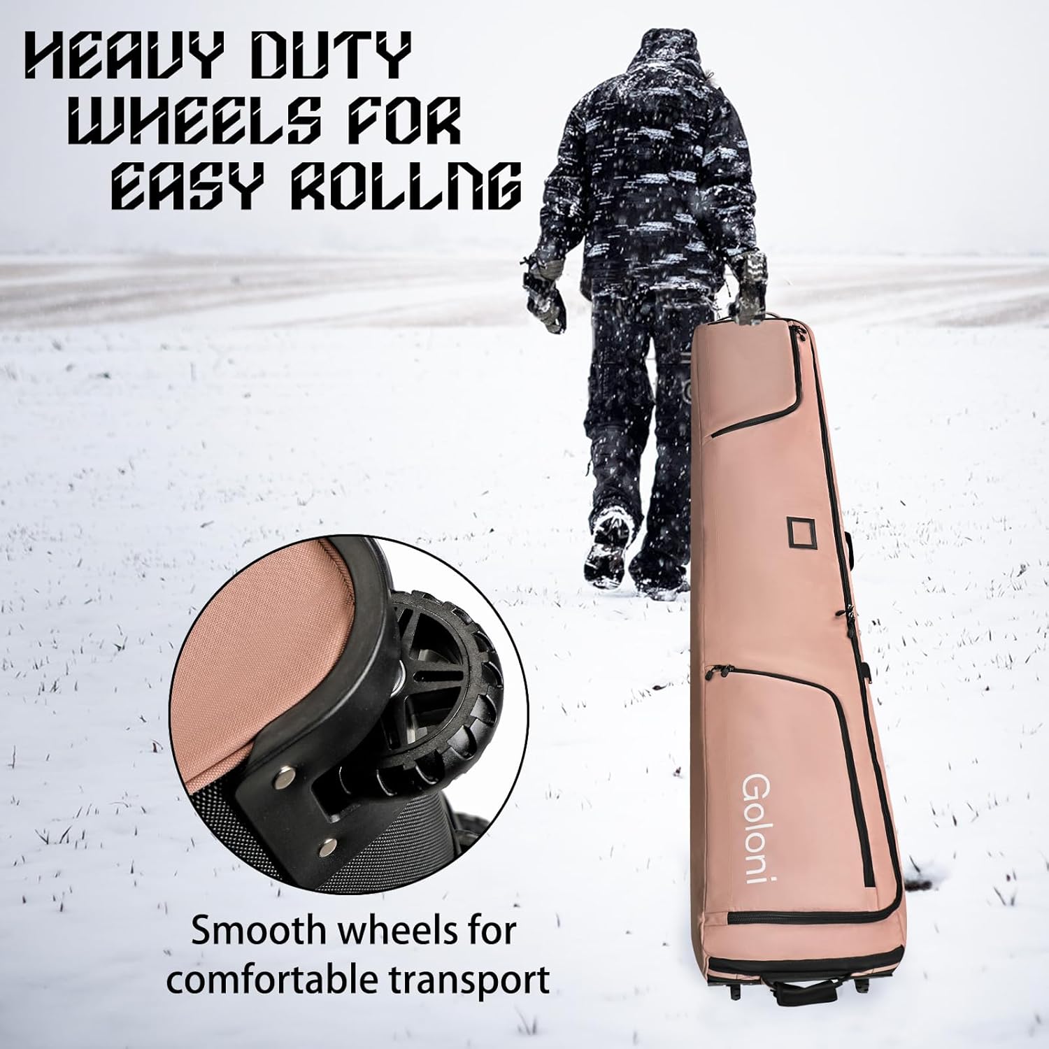 Goloni Ski Bag with Wheels, Padded Snowboard Bag for Air Travel, 600D Waterproof Fabric, Foldable Snow Bag Fits 2 Pairs Skis - Image 6