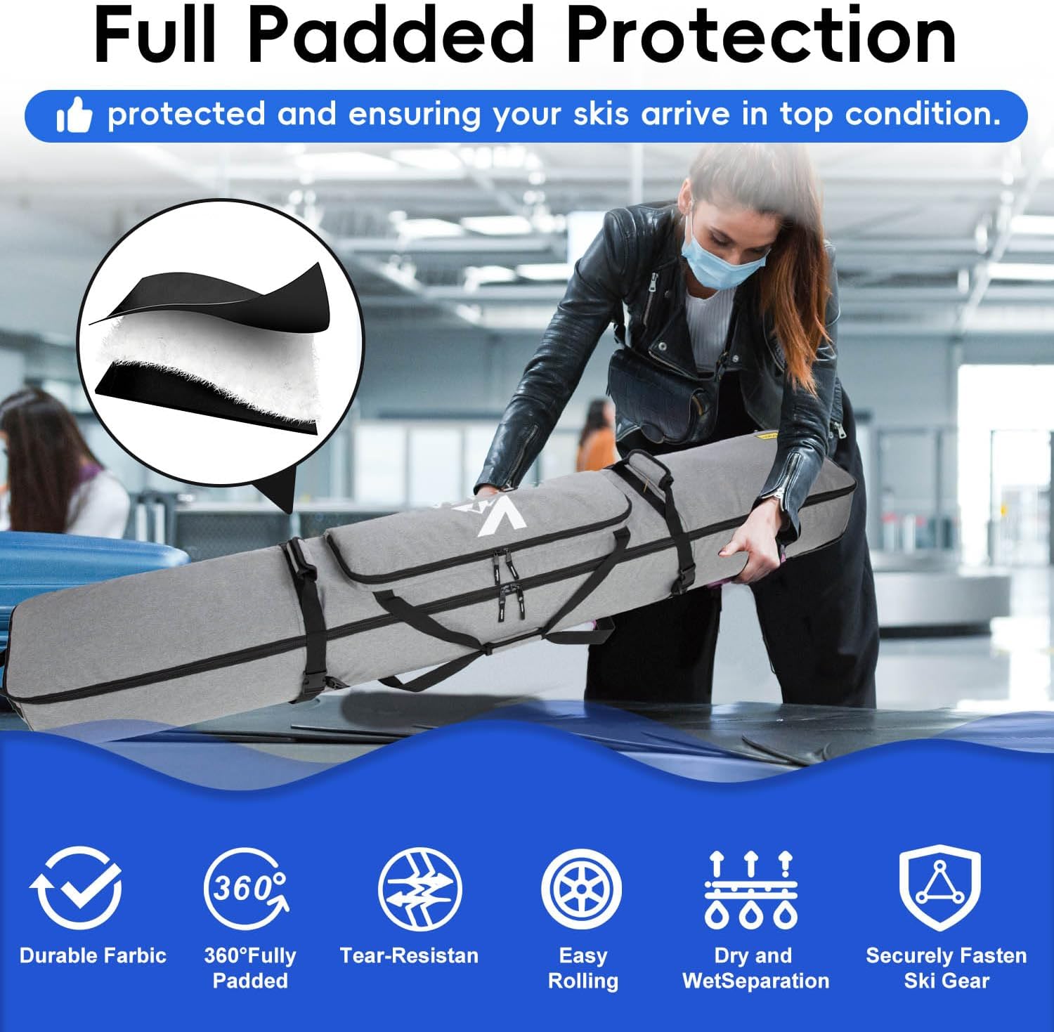 Rolling Ski Bag with Wheels for Air Travel, Padded Double Ski Bag to Hold 2 Pairs of Skis up to 175 or 190 cm. - Image 2