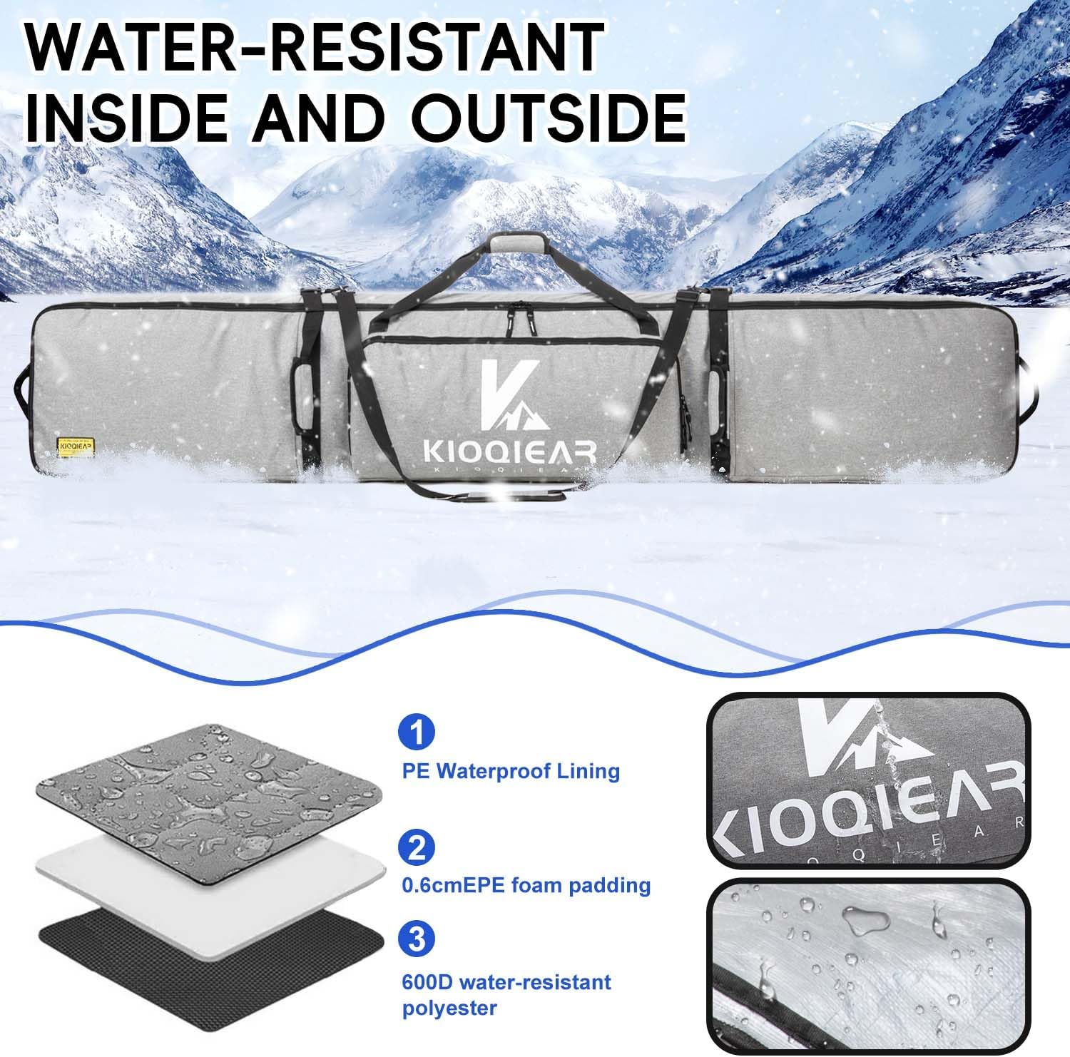 Rolling Ski Bag with Wheels for Air Travel, Padded Double Ski Bag to Hold 2 Pairs of Skis up to 175 or 190 cm. - Image 3