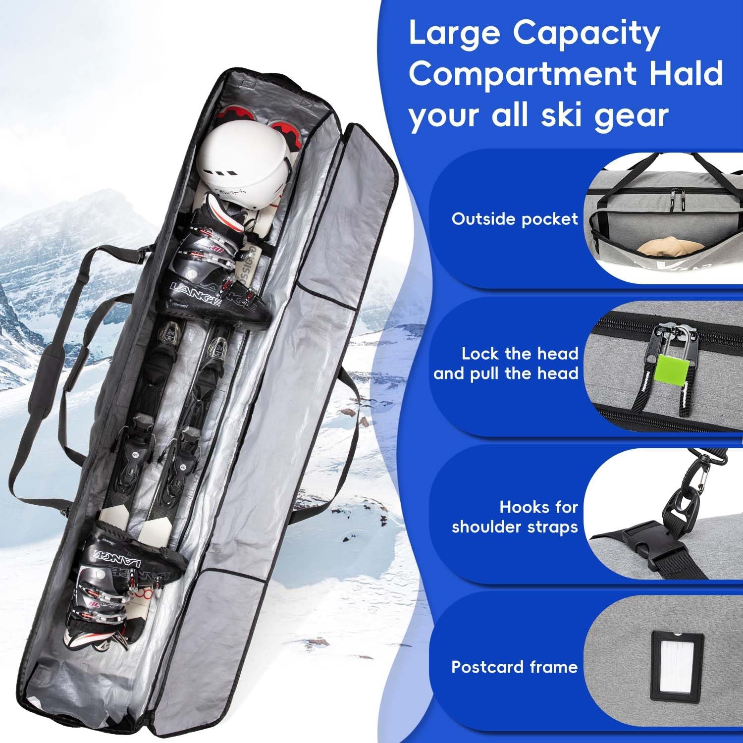 Rolling Ski Bag with Wheels for Air Travel, Padded Double Ski Bag to Hold 2 Pairs of Skis up to 175 or 190 cm. - Image 4
