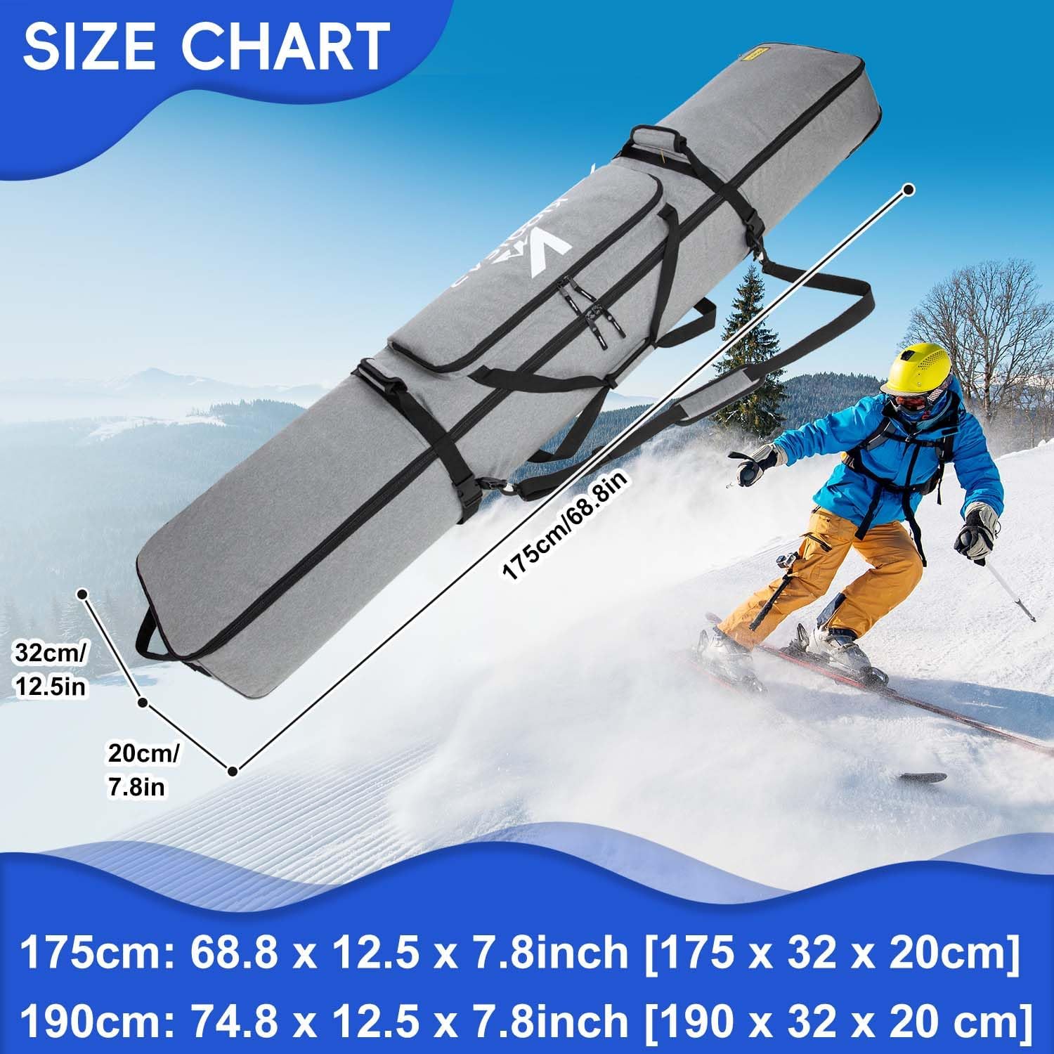 Rolling Ski Bag with Wheels for Air Travel, Padded Double Ski Bag to Hold 2 Pairs of Skis up to 175 or 190 cm. - Image 6