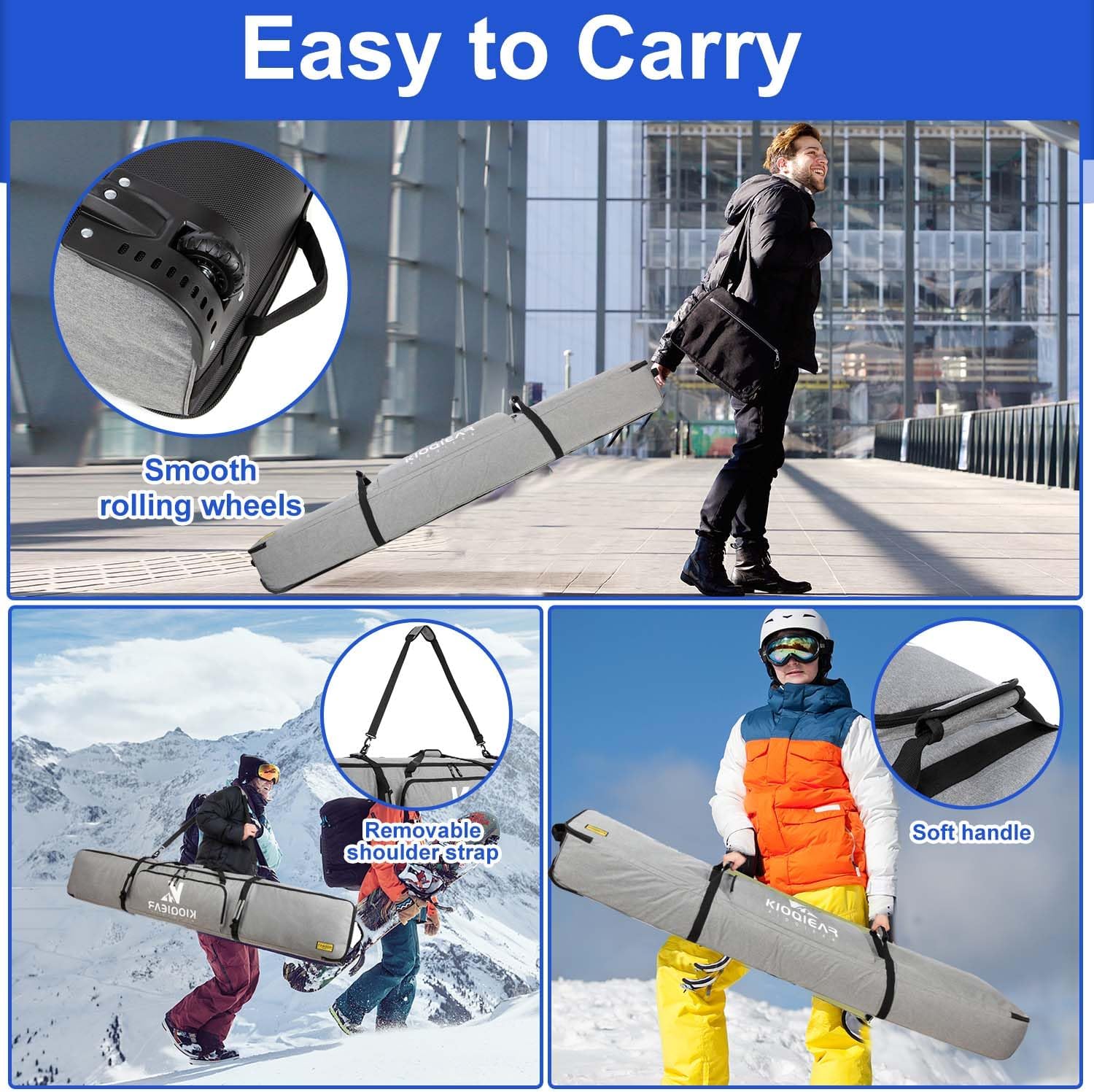 Rolling Ski Bag with Wheels for Air Travel, Padded Double Ski Bag to Hold 2 Pairs of Skis up to 175 or 190 cm. - Image 7
