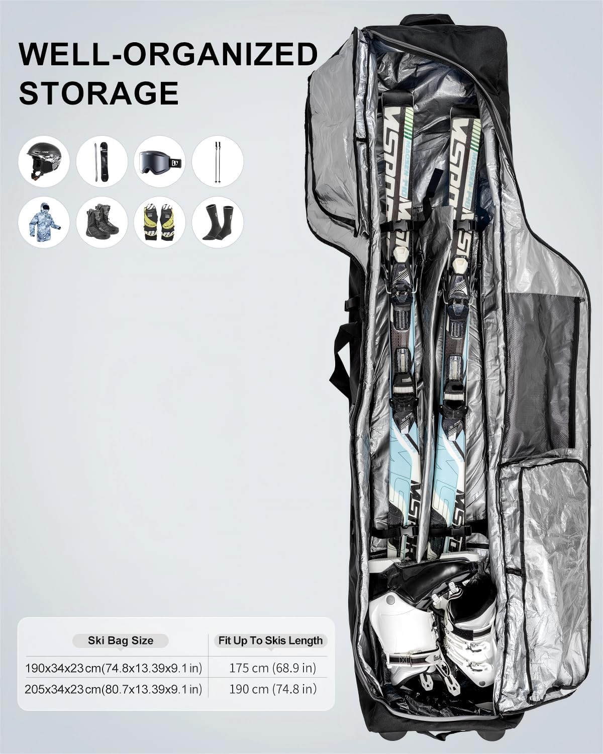 Ski Bag 360° Fully Padded Ski Bag with Wheels, 1200D Waterproof Fabric, 10mm Pearl Cotton Padded, Fits Single Ski/Double Skis/2 Sets Skis, Roller Ski Bag for Air Travel - Image 2