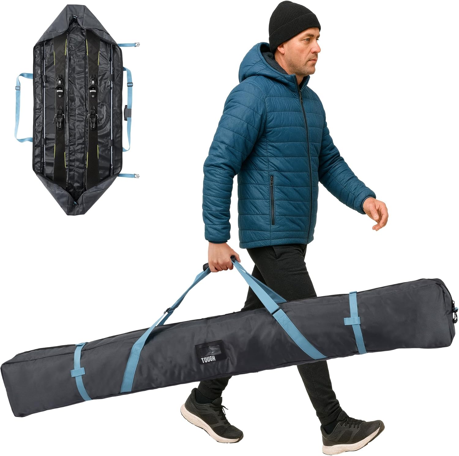 Tough Outfitters 170cm-190cm Ski Bag for Men and Women - Ski Bag for 1 Pair of Skis and Poles with Zipper, 2 Straps with Buckles and Carrying Handle - 1