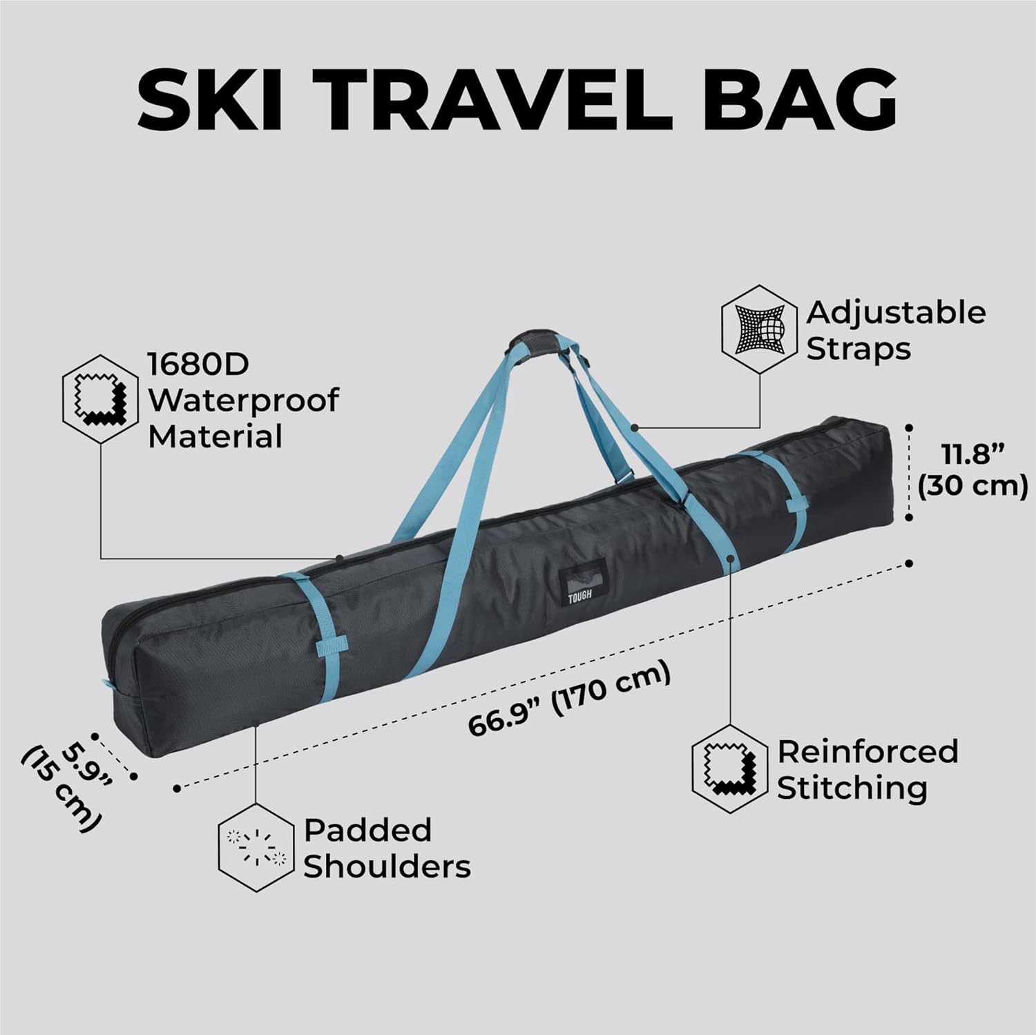 Tough Outfitters 170cm/190cm Ski Bag for Men and Women - Ski Bag for 1 Pair of Skis and Poles with Zipper, 2 Straps with Buckles and Carrying Handle - Image 4