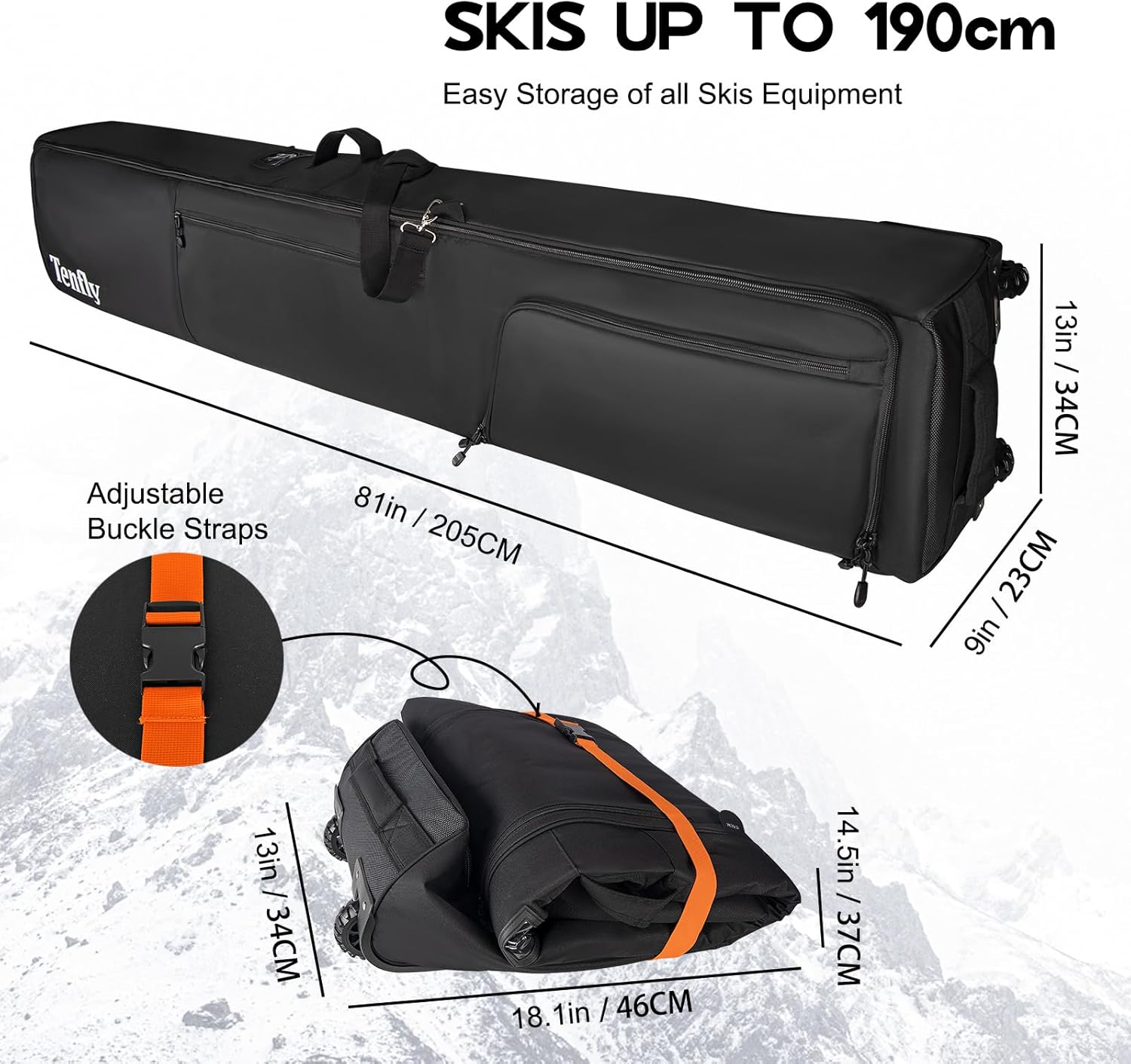 Wheeled Ski Bag for Air Travel, Padded Waterproof Ski Gear Bag Fits 2 Pairs Skis, Adjustable Length 156-200cm, Foldable - Image 3