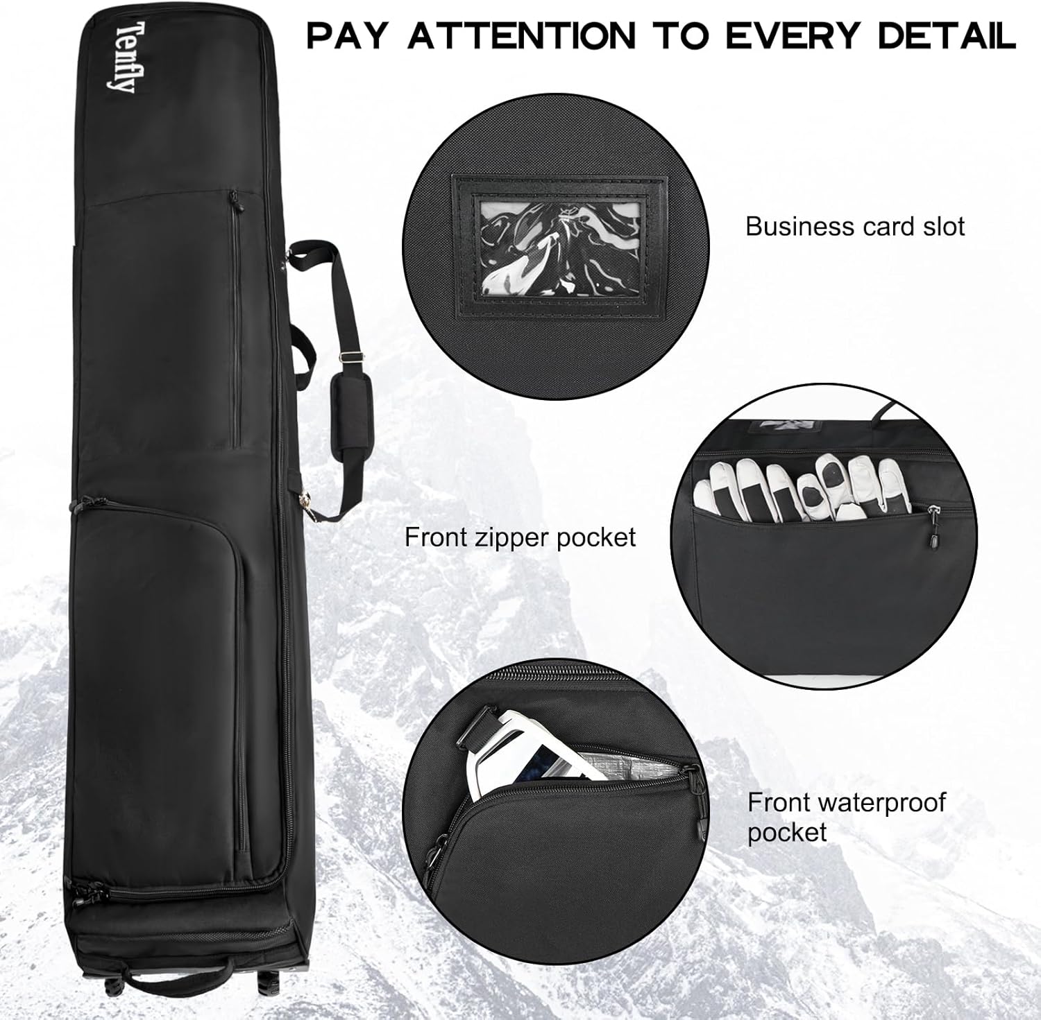 Wheeled Ski Bag for Air Travel, Padded Waterproof Ski Gear Bag Fits 2 Pairs Skis, Adjustable Length 156-200cm, Foldable - Image 7