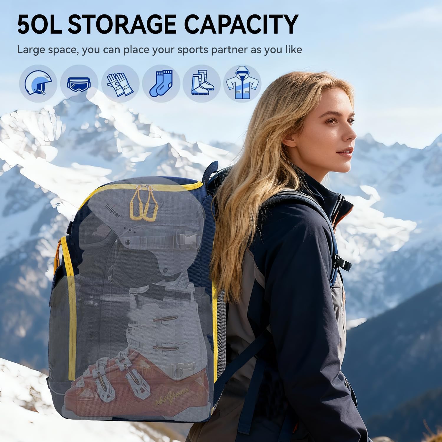 50L Ski Boot Bag, Snow Ski Boot Bag Backpack for Travel, Ski Bag for Ski Helmets, Goggles, Gloves, Skis, Snowboard & Accessories - Image 5