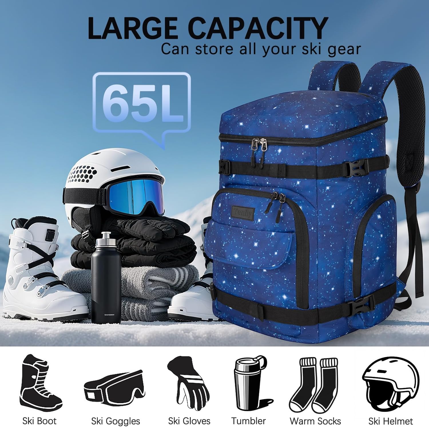 65L Waterproof Ski Boot Bag, Heavy Duty Snowboard Backpack for Helmet Goggles Gear, Air Travel Winter Sports Bag - Image 7