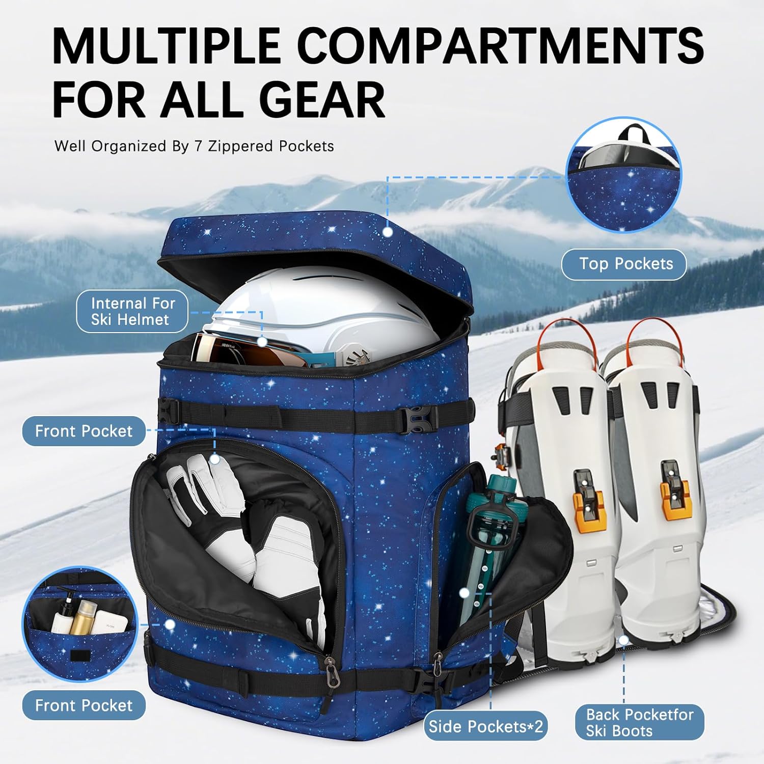 65L Waterproof Ski Boot Bag, Heavy Duty Snowboard Backpack for Helmet Goggles Gear, Air Travel Winter Sports Bag - Image 6
