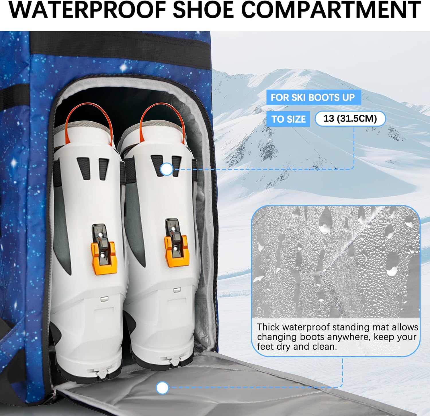 65L Waterproof Ski Boot Bag, Heavy Duty Snowboard Backpack for Helmet Goggles Gear, Air Travel Winter Sports Bag - Image 4