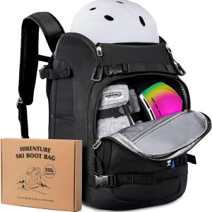 Hikenture Ski Boot Bag Backpack, 50L Padded Ski Bag & Snowboard Boot Bag with Drain Holes, Large Capacity Water-Resistant Ski Travel Bag for Ski Boots, Helmet, Goggles, Clothes, Gloves, Snowboard Gear - 1