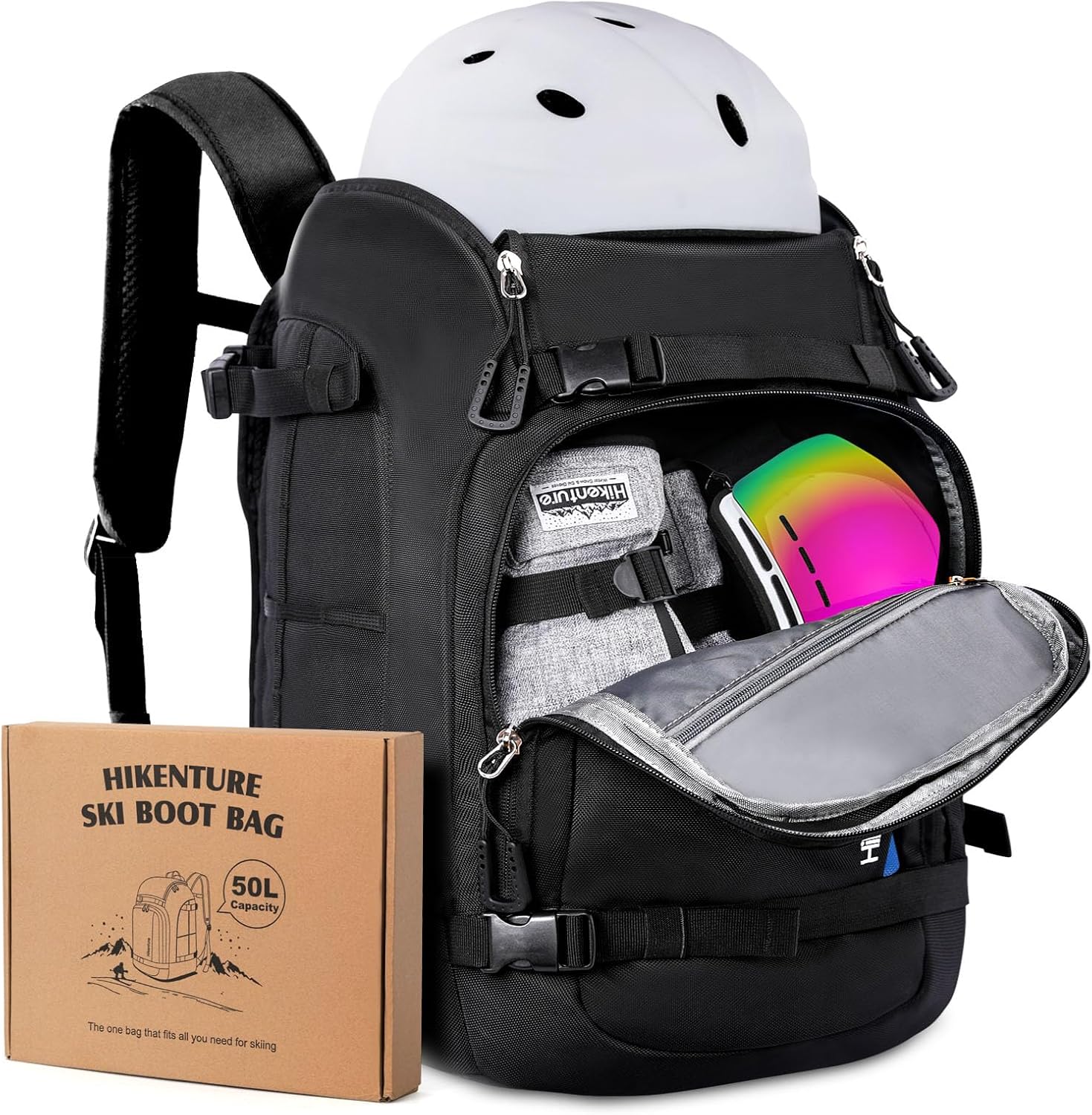 Hikenture Ski Boot Bag Backpack, 50L Padded Ski Bag & Snowboard Boot Bag with Drain Holes, Large Capacity Water-Resistant Ski Travel Bag for Ski Boots, Helmet, Goggles, Clothes, Gloves, Snowboard Gear - 1
