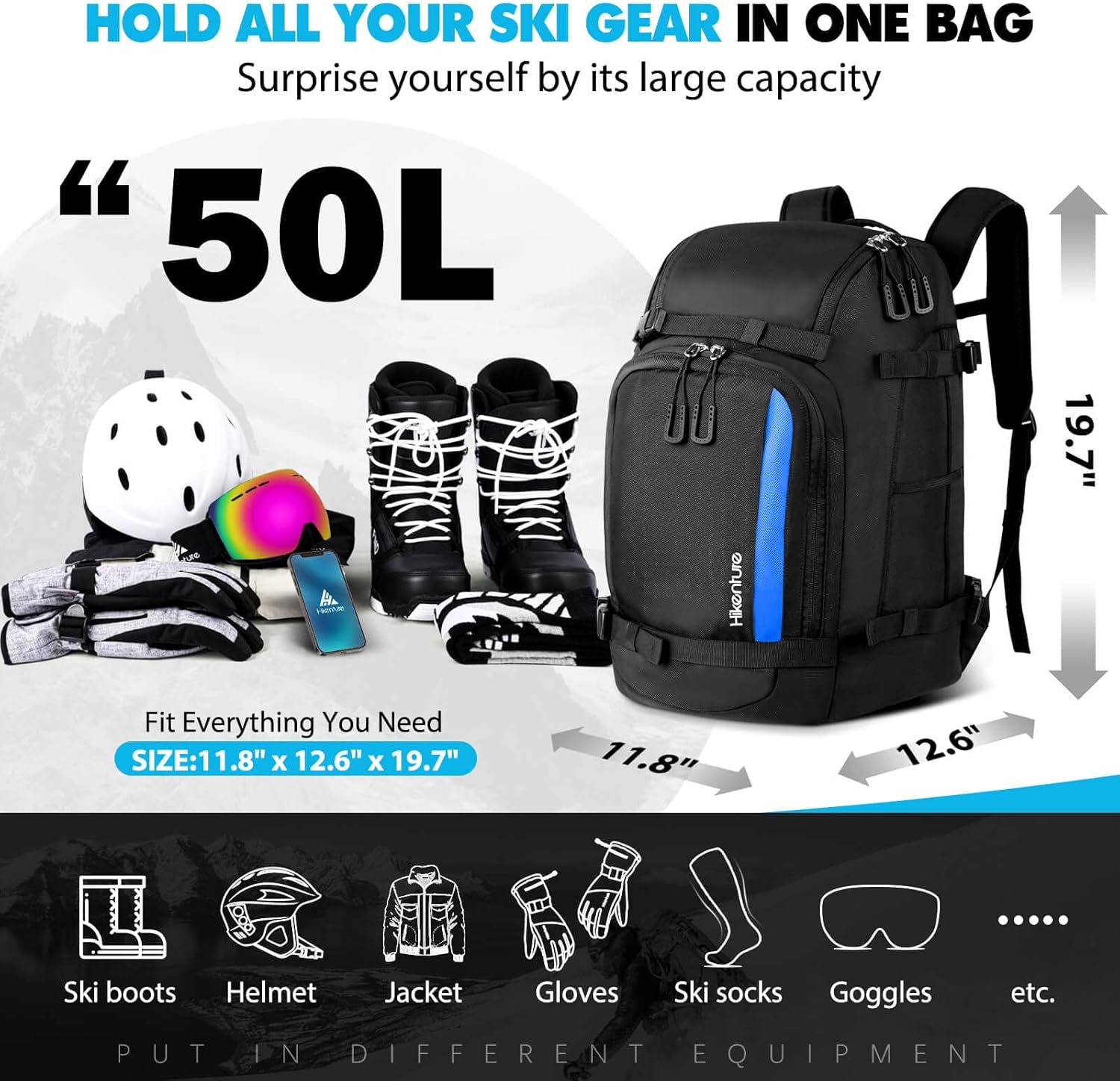 Hikenture Ski Boot Bag Backpack, 50L Padded Ski Bag & Snowboard Boot Bag with Drain Holes, Large Capacity Water-Resistant Ski Travel Bag for Ski Boots, Helmet, Goggles, Clothes, Gloves, Snowboard Gear - Image 6