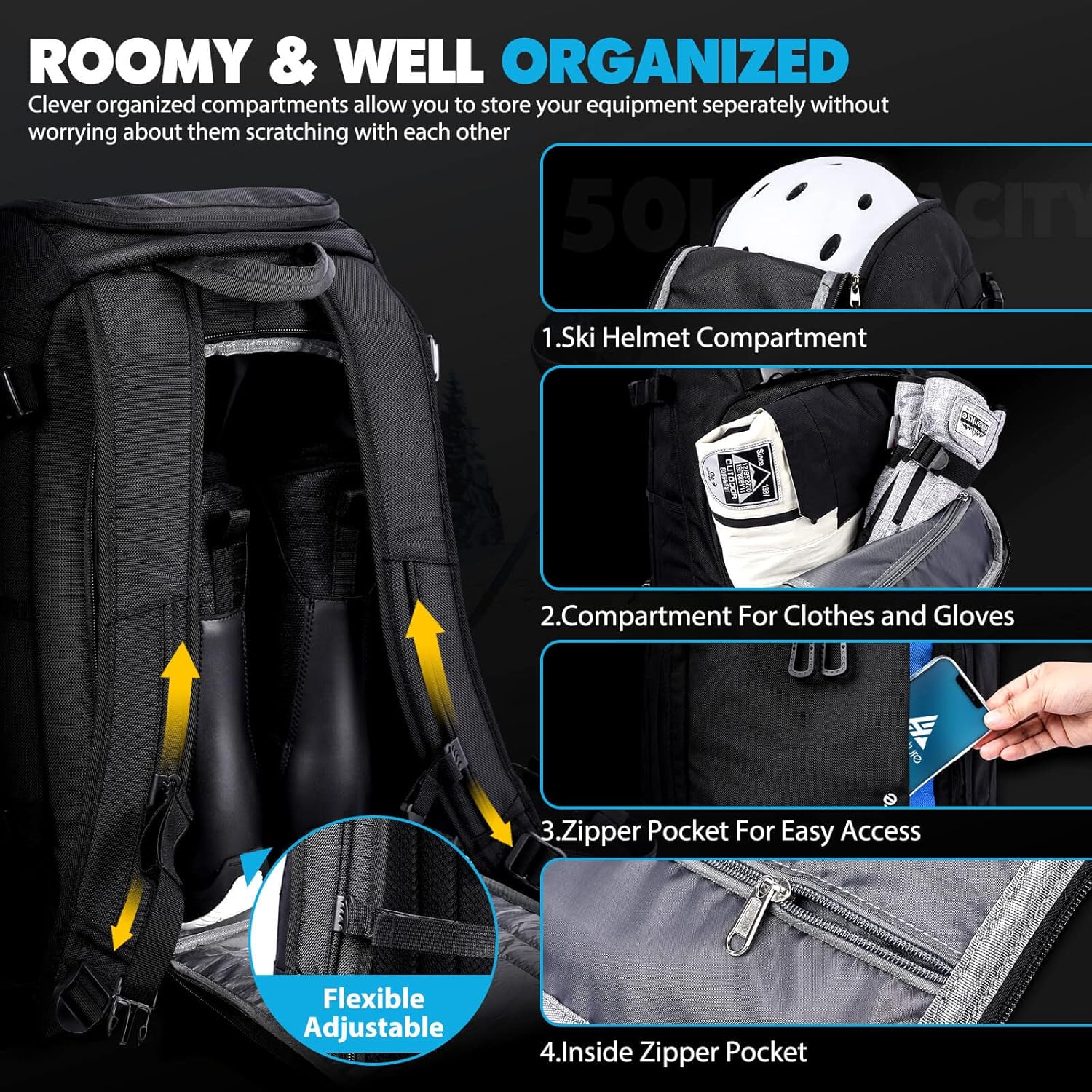 Hikenture Ski Boot Bag Backpack, 50L Padded Ski Bag & Snowboard Boot Bag with Drain Holes, Large Capacity Water-Resistant Ski Travel Bag for Ski Boots, Helmet, Goggles, Clothes, Gloves, Snowboard Gear - Image 5