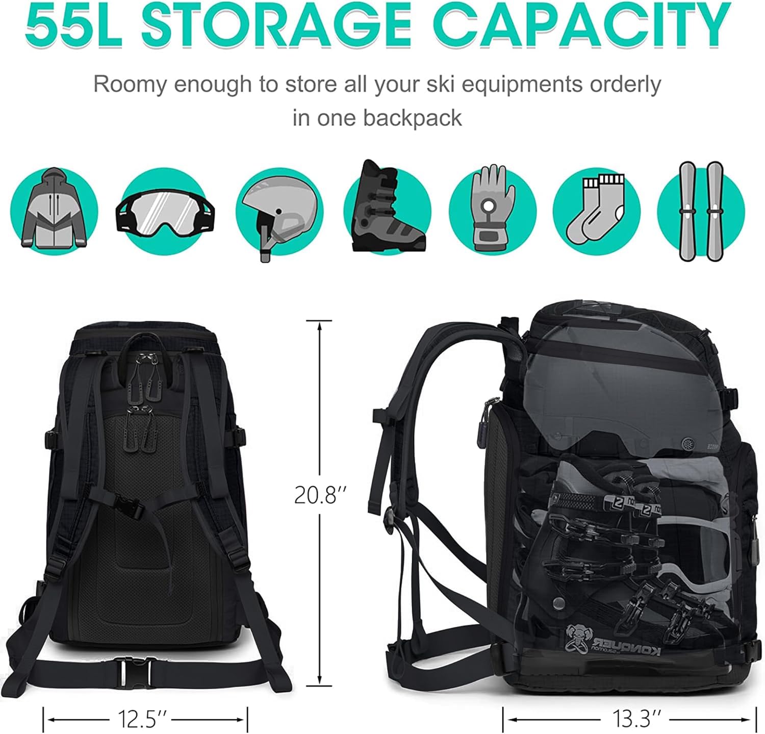 Ski Boot Bag, 55L/70L Waterproof Ski and Snowboard Boots Travel Backpack for Skis, Snowboard, Ski Helmet, Goggles, Gloves & Accessories - Image 6