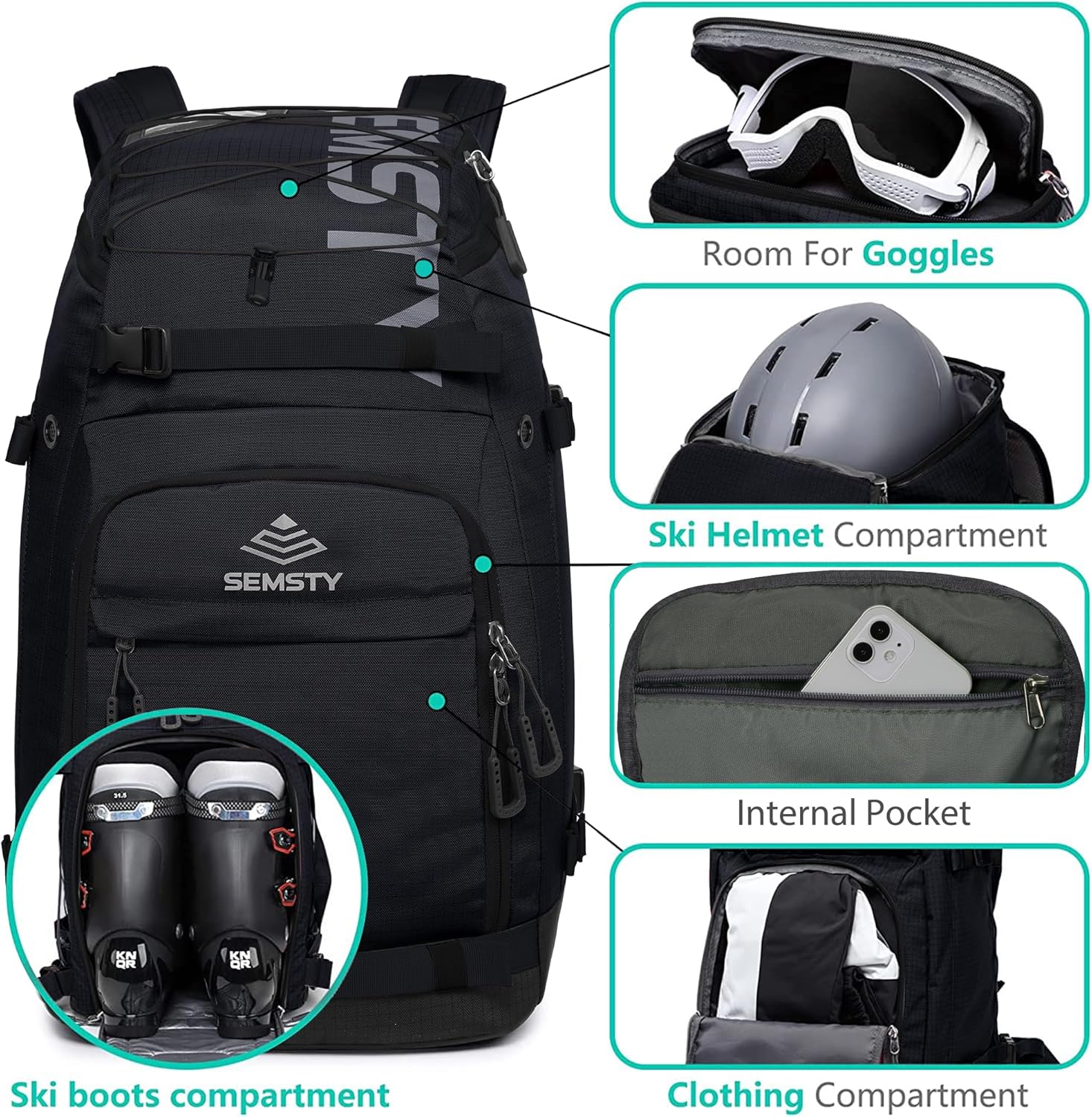 Ski Boot Bag, 55L/70L Waterproof Ski and Snowboard Boots Travel Backpack for Skis, Snowboard, Ski Helmet, Goggles, Gloves & Accessories - Image 5