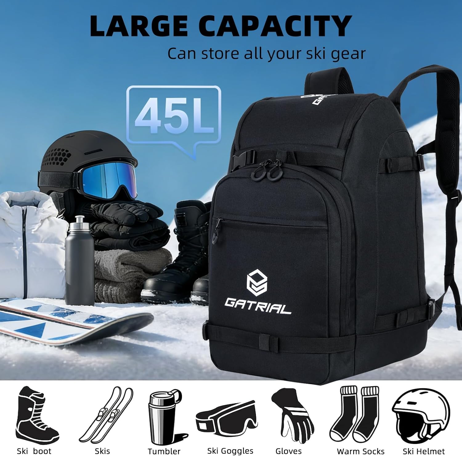 Ski Boot Bag Backpack, Waterproof Ski Boot Travel Backpack for Helmet,Snowboard,Skis,clothes,Goggles, Gloves and other Accessories - Image 9