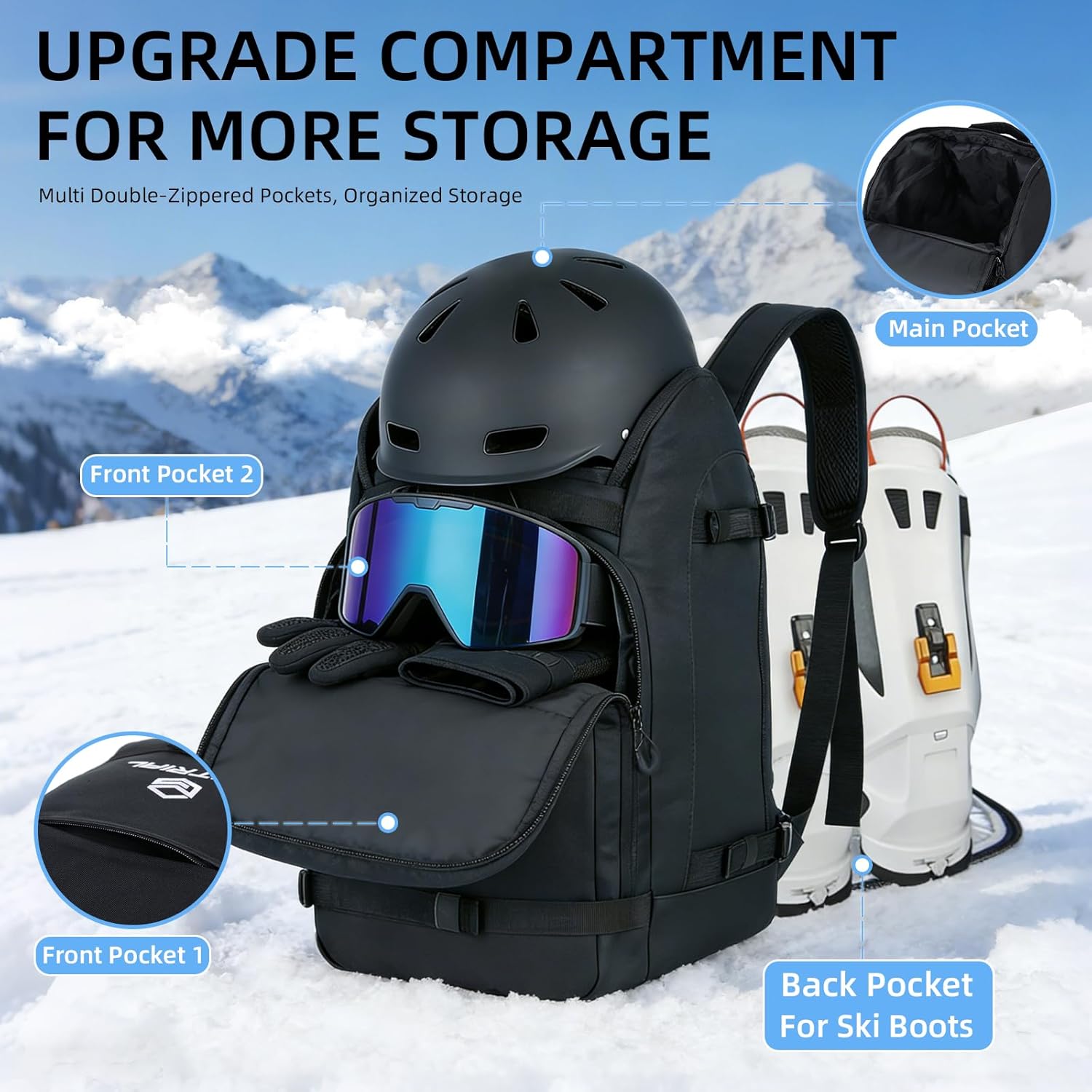 Ski Boot Bag Backpack, Waterproof Ski Boot Travel Backpack for Helmet,Snowboard,Skis,clothes,Goggles, Gloves and other Accessories - Image 8