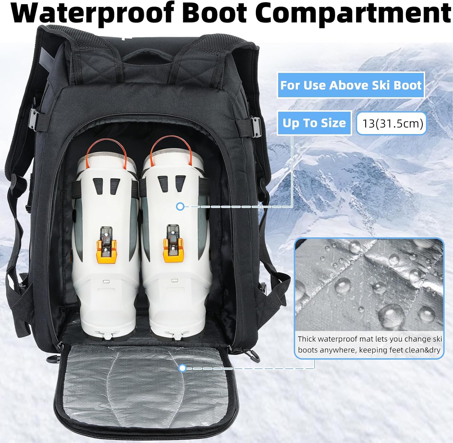 Ski Boot Bag Backpack, Waterproof Ski Boot Travel Backpack for Helmet,Snowboard,Skis,clothes,Goggles, Gloves and other Accessories - Image 6