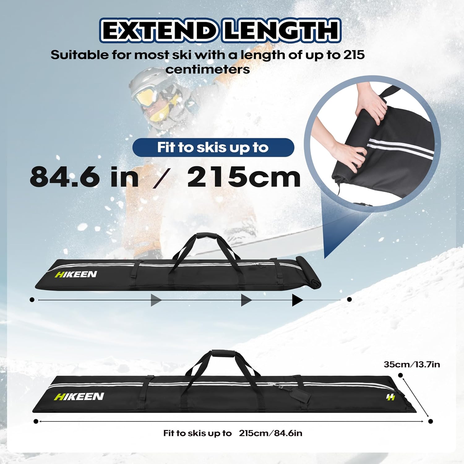 Hikeen Ski Bag for Air Travel,Full Padded Ski Bag Protection, Waterproof Reinforced Ski Travel Bag Fits for Skis Up to 215 CM, Perfect for Skiing, Storage and Transport - Image 6