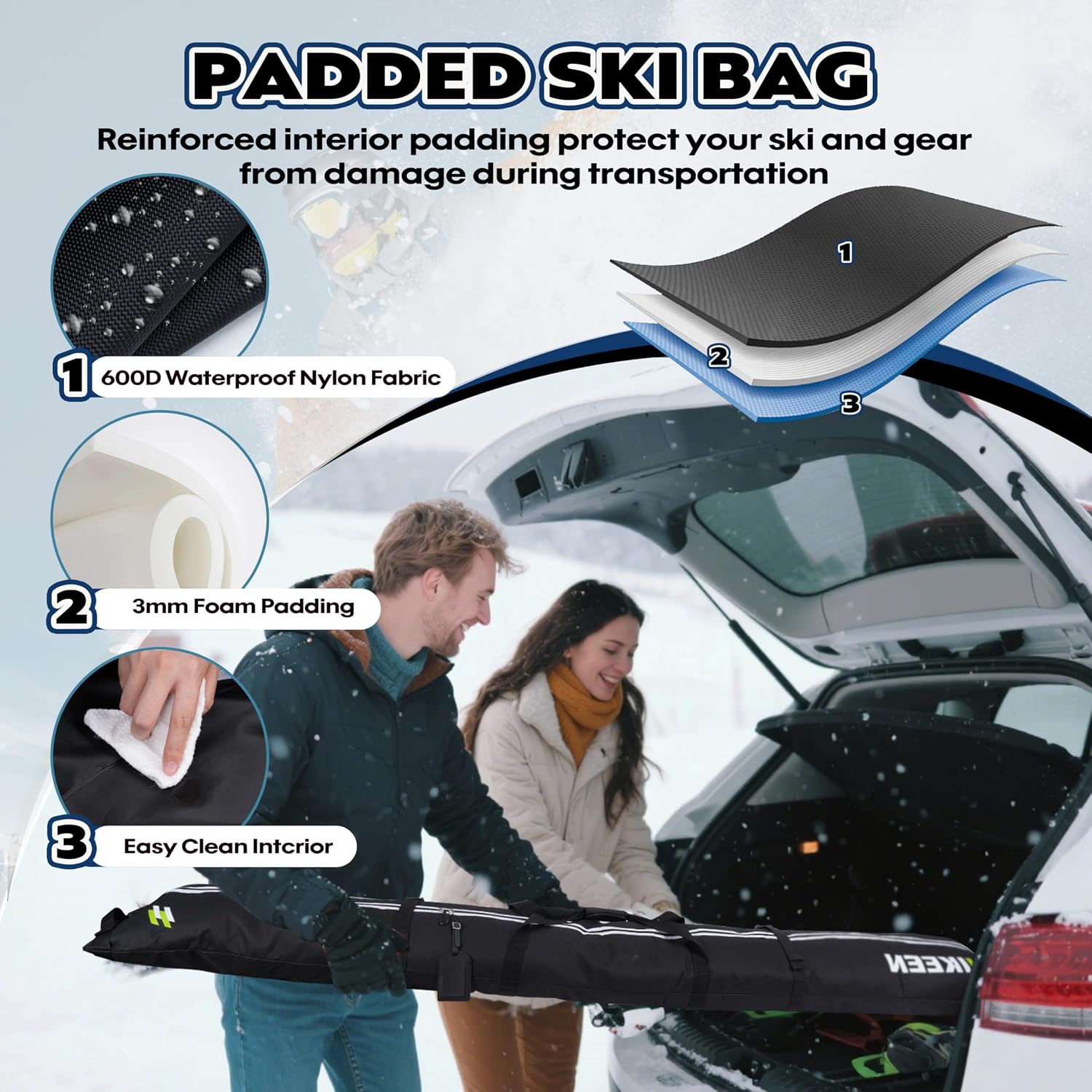 Hikeen Ski Bag for Air Travel,Full Padded Ski Bag Protection, Waterproof Reinforced Ski Travel Bag Fits for Skis Up to 215 CM, Perfect for Skiing, Storage and Transport - Image 5