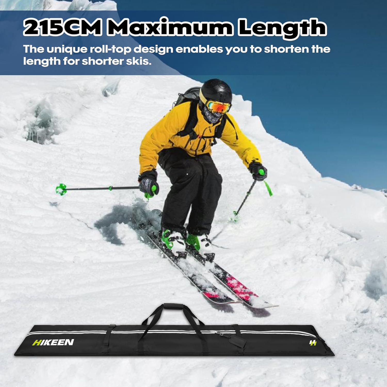 Hikeen Ski Bag for Air Travel,Full Padded Ski Bag Protection, Waterproof Reinforced Ski Travel Bag Fits for Skis Up to 215 CM, Perfect for Skiing, Storage and Transport - Image 3