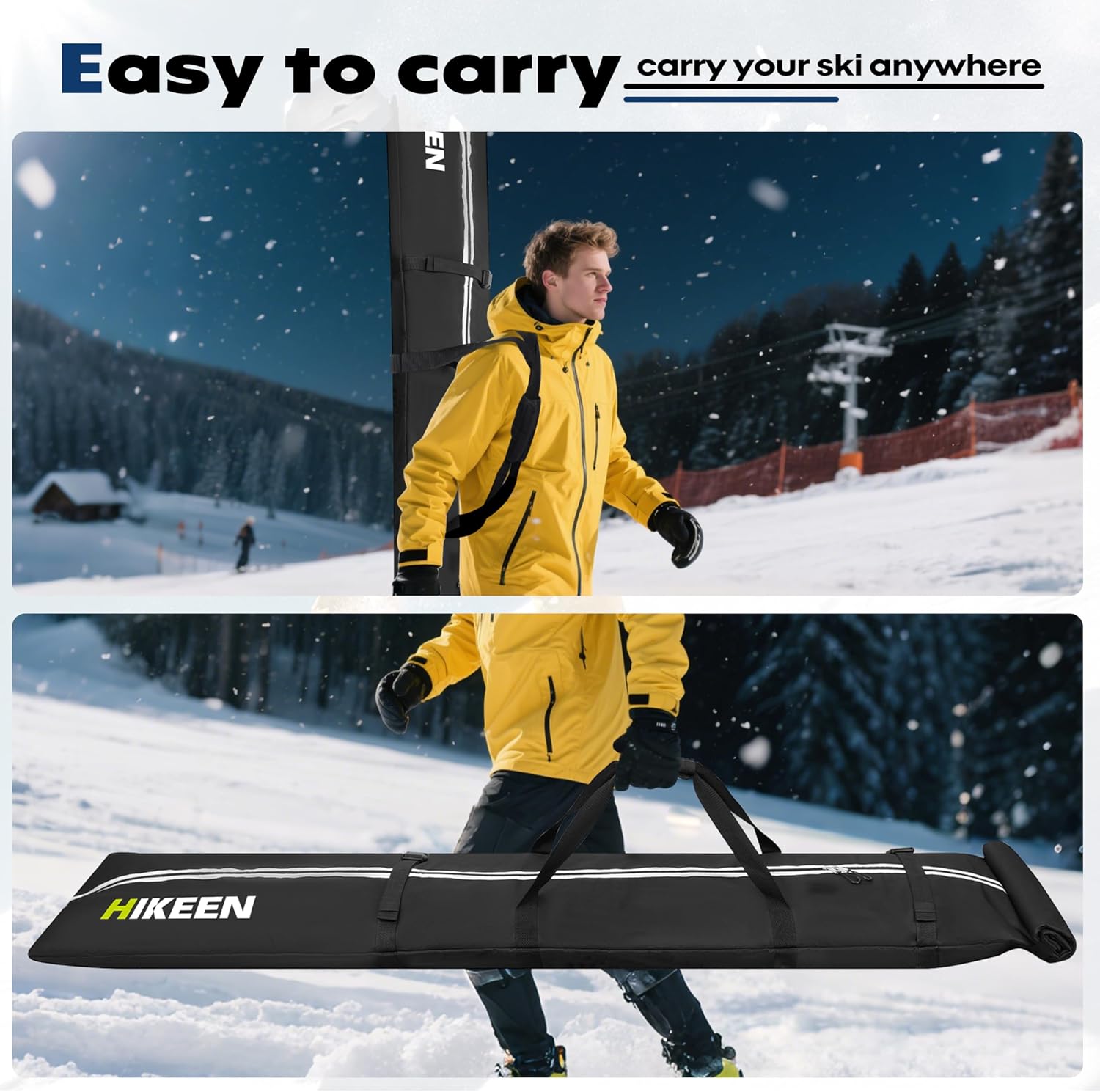 Hikeen Ski Bag for Air Travel,Full Padded Ski Bag Protection, Waterproof Reinforced Ski Travel Bag Fits for Skis Up to 215 CM, Perfect for Skiing, Storage and Transport - Image 2