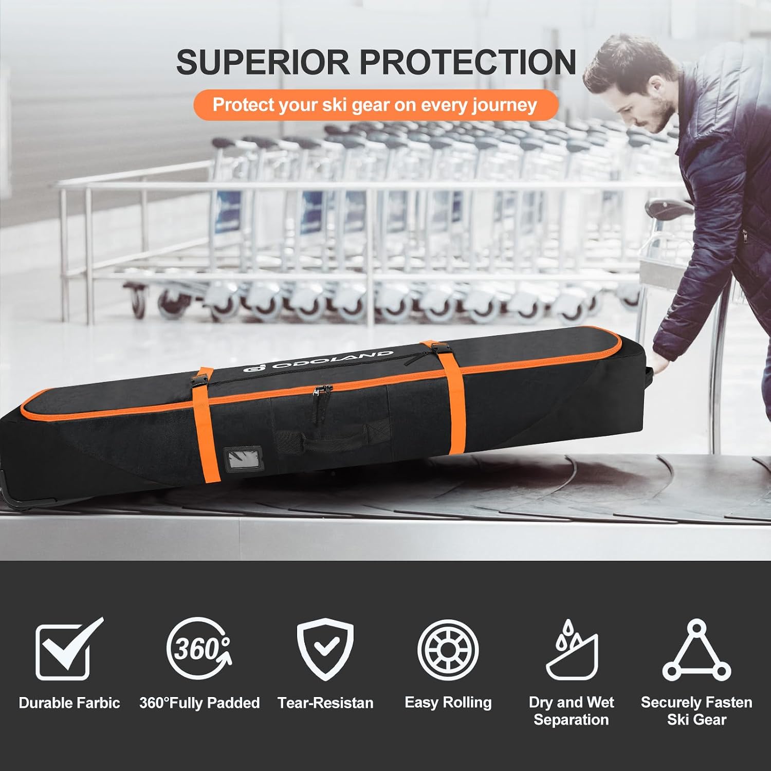 Odoland Rolling Ski Bag, Padded Snowboard Bags with Wheels for Air Travel, 900D Water Resistant Oxford Fabric and Extra 2 Dry Bag, Fits Skis Up to 170/190cm - Image 8