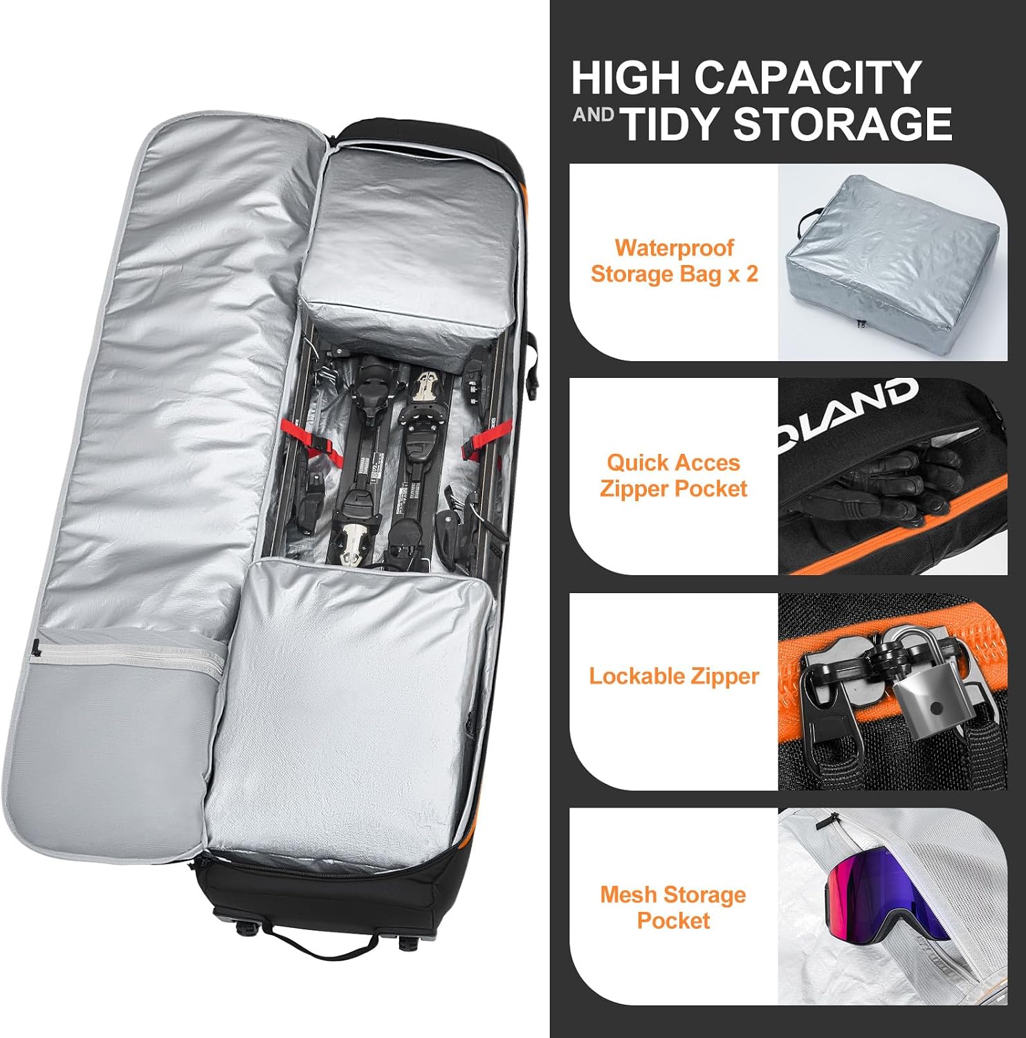 Odoland Rolling Ski Bag, Padded Snowboard Bags with Wheels for Air Travel, 900D Water Resistant Oxford Fabric and Extra 2 Dry Bag, Fits Skis Up to 170/190cm - Image 7