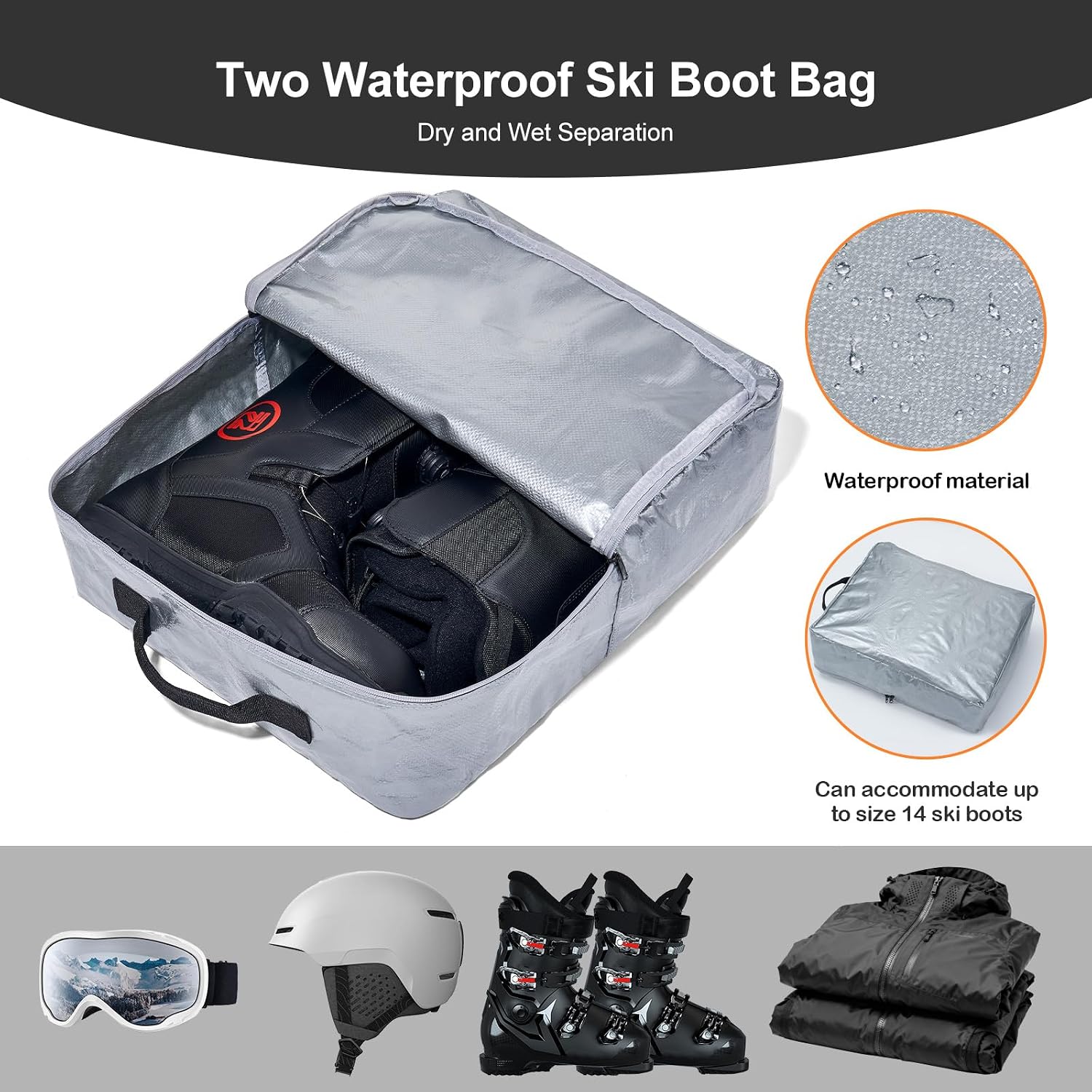 Odoland Rolling Ski Bag, Padded Snowboard Bags with Wheels for Air Travel, 900D Water Resistant Oxford Fabric and Extra 2 Dry Bag, Fits Skis Up to 170/190cm - Image 3