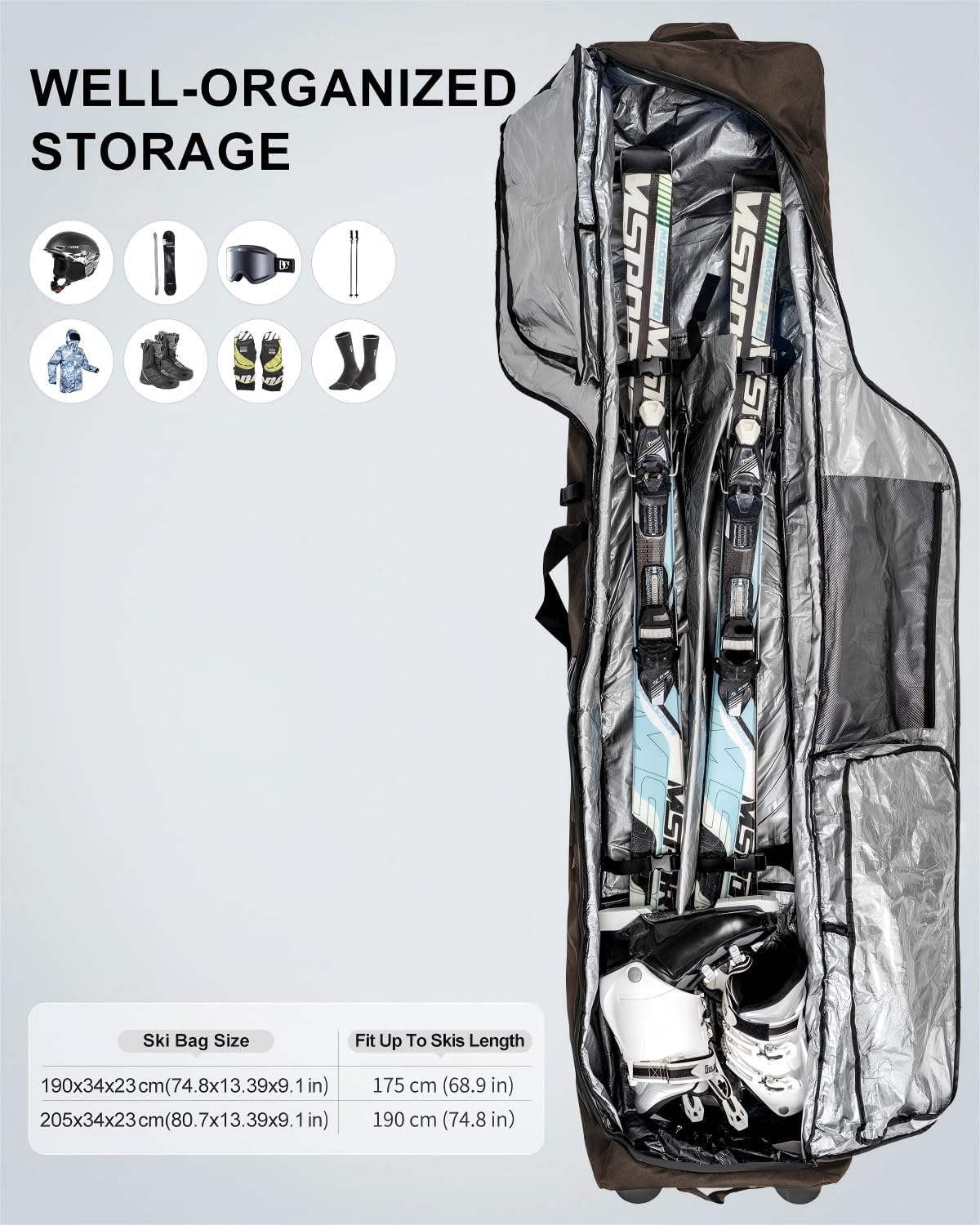 Ski Bag 360° Fully Padded Ski Bag with Wheels, 1200D Waterproof Fabric, 10mm Pearl Cotton Padded, Fits Single Ski/Double Skis/2 Sets Skis, Roller Ski Bag for Air Travel - Image 7