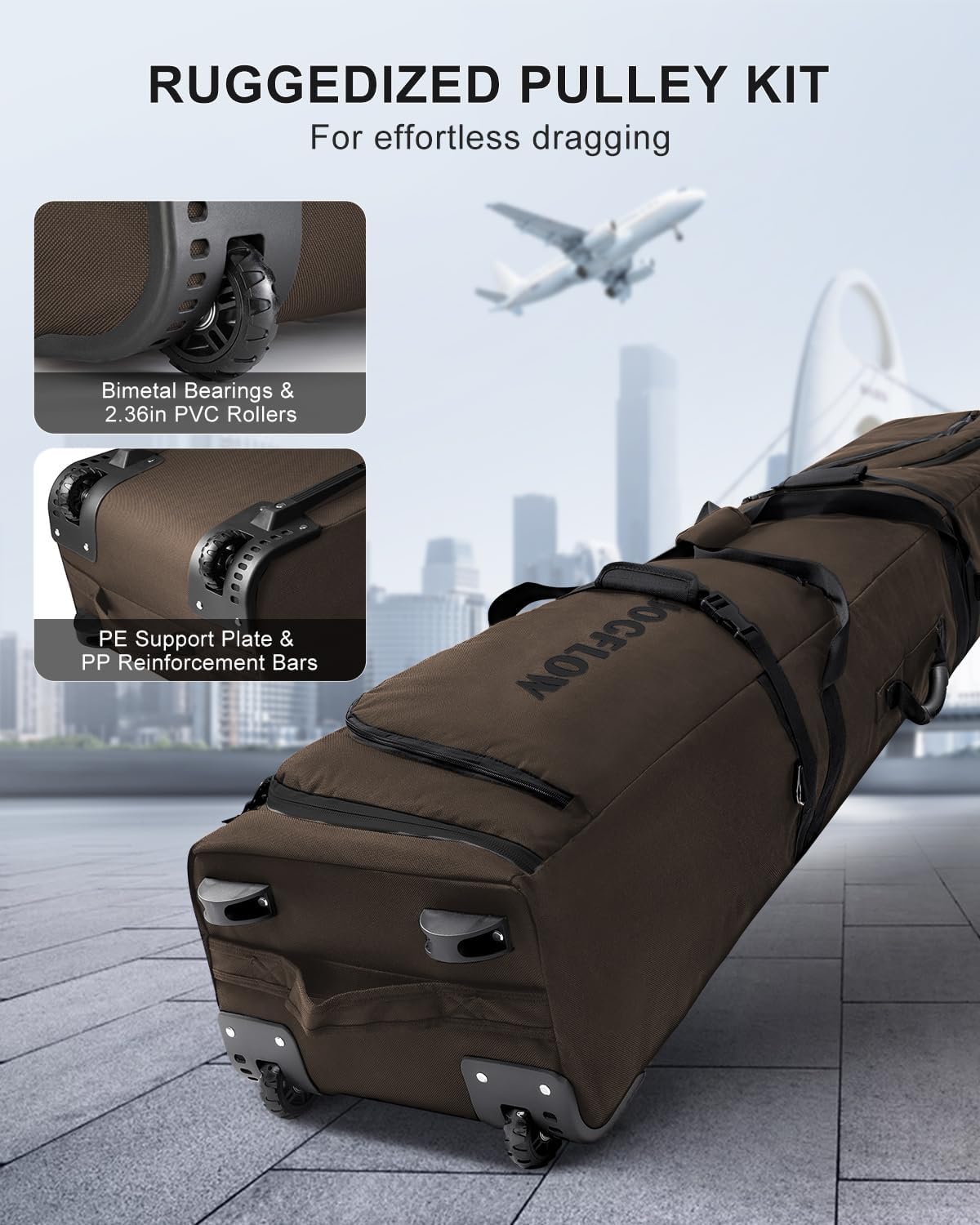 Ski Bag 360° Fully Padded Ski Bag with Wheels, 1200D Waterproof Fabric, 10mm Pearl Cotton Padded, Fits Single Ski/Double Skis/2 Sets Skis, Roller Ski Bag for Air Travel - Image 4