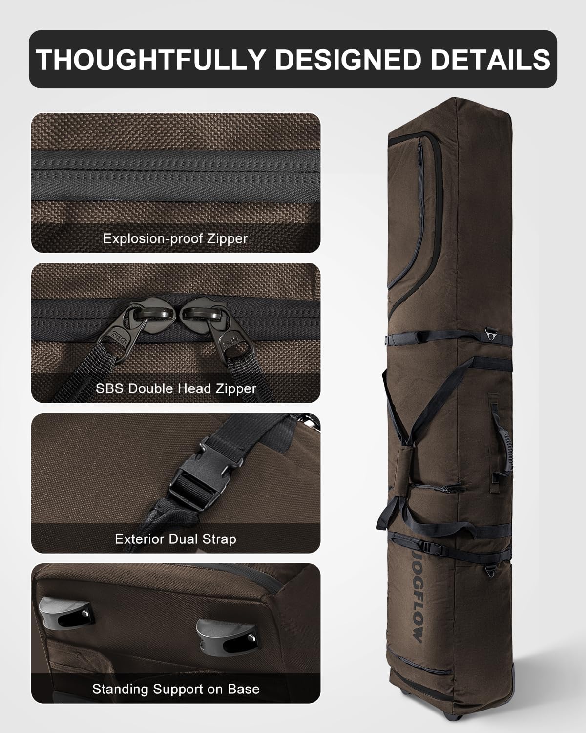 Ski Bag 360° Fully Padded Ski Bag with Wheels, 1200D Waterproof Fabric, 10mm Pearl Cotton Padded, Fits Single Ski/Double Skis/2 Sets Skis, Roller Ski Bag for Air Travel - Image 3