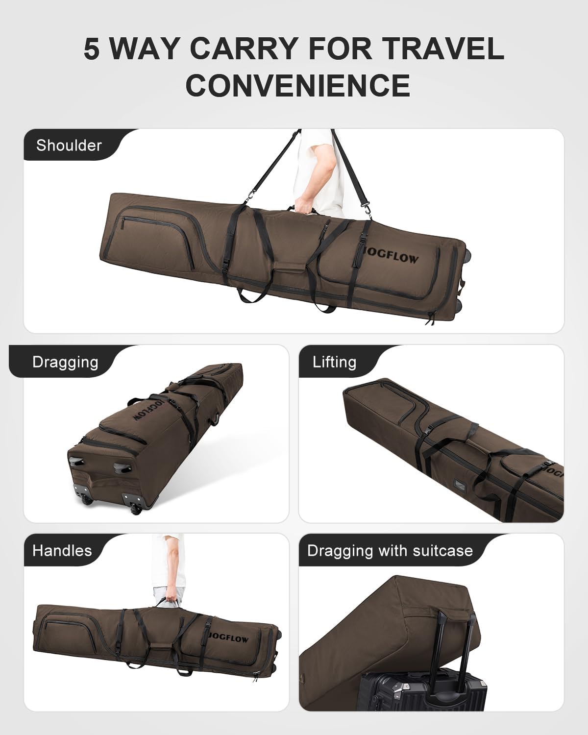 Ski Bag 360° Fully Padded Ski Bag with Wheels, 1200D Waterproof Fabric, 10mm Pearl Cotton Padded, Fits Single Ski/Double Skis/2 Sets Skis, Roller Ski Bag for Air Travel - Image 2