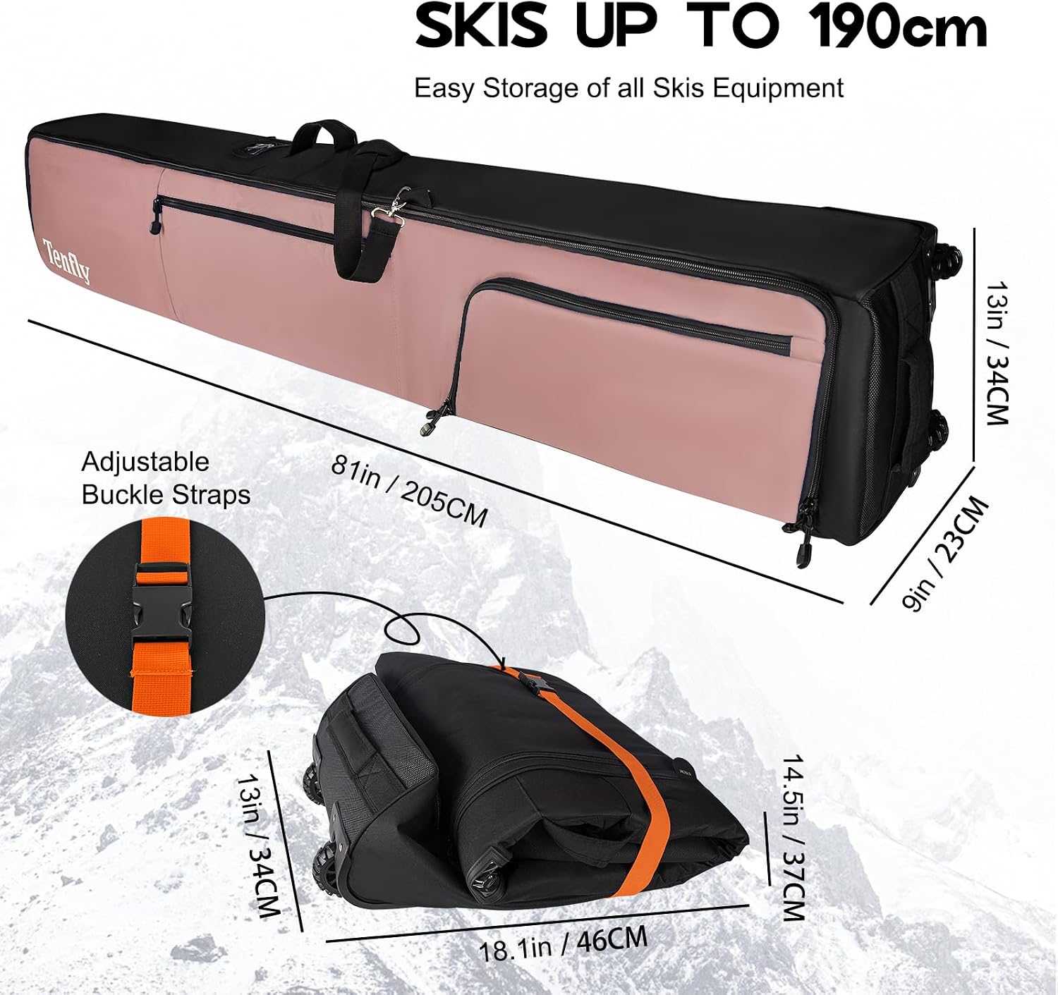 Wheeled Ski Bag for Air Travel, Padded Waterproof Ski Gear Bag Fits 2 Pairs Skis, Adjustable Length 156-200cm, Foldable - Image 7