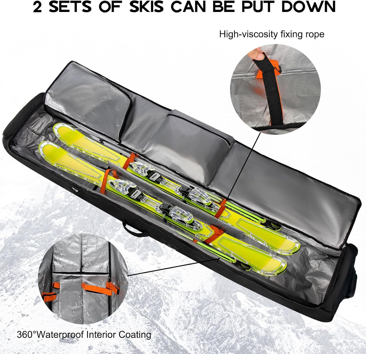 Wheeled Ski Bag for Air Travel, Padded Waterproof Ski Gear Bag Fits 2 Pairs Skis, Adjustable Length 156-200cm, Foldable - Image 6