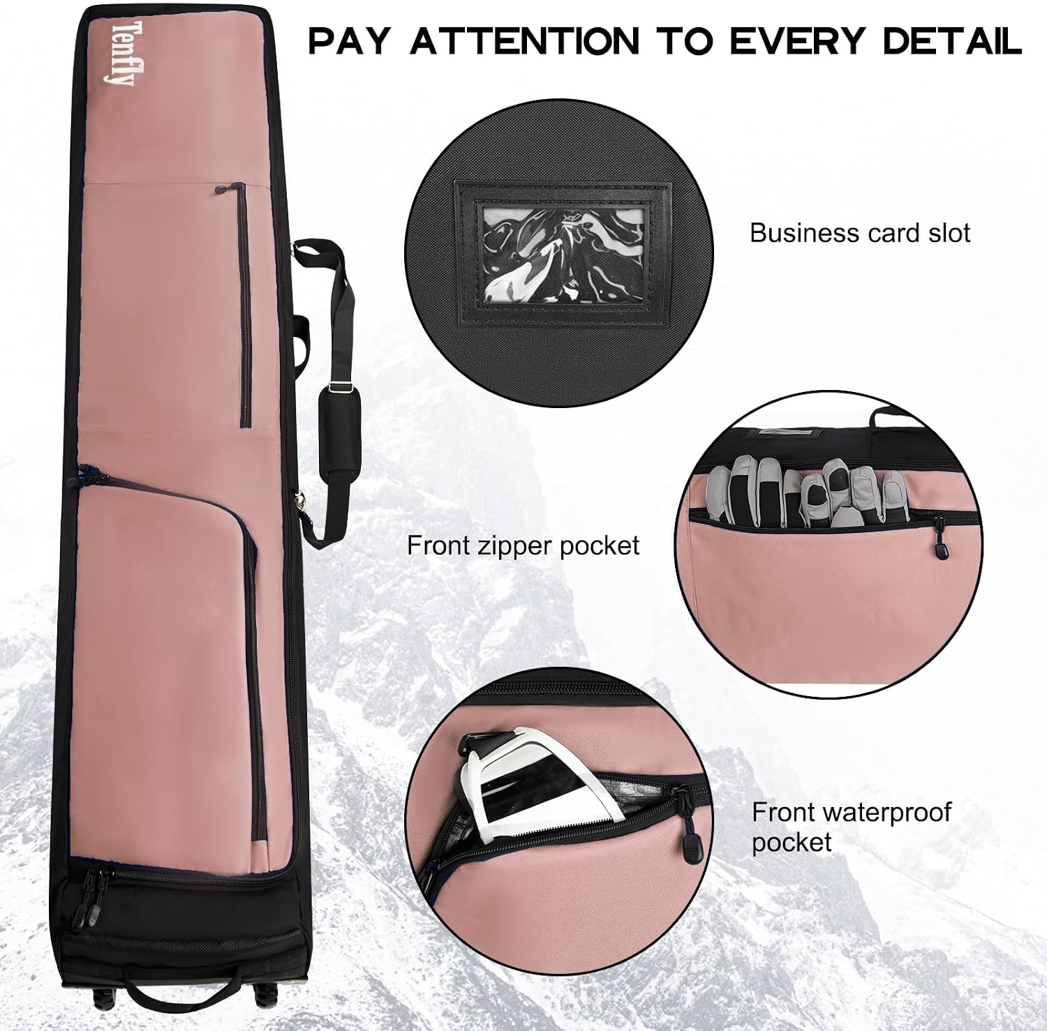 Wheeled Ski Bag for Air Travel, Padded Waterproof Ski Gear Bag Fits 2 Pairs Skis, Adjustable Length 156-200cm, Foldable - Image 3
