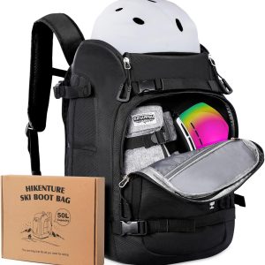 Hikenture Ski Boot Bag Backpack, 50L Padded Ski Bag & Snowboard Boot Bag with Drain Holes, Large Capacity Water-Resistant Ski Travel Bag for Ski Boots, Helmet, Goggles, Clothes, Gloves, Snowboard Gear - 1