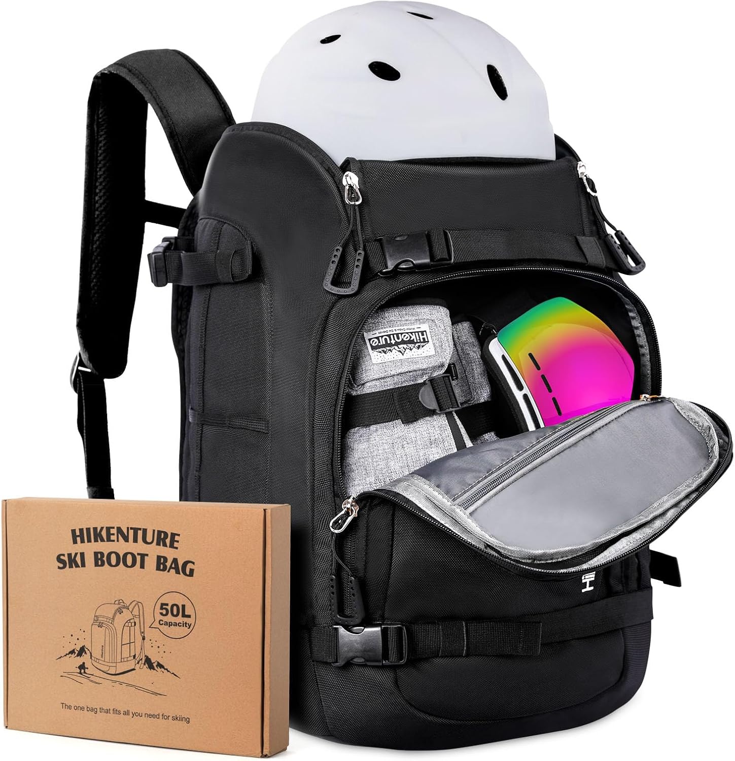 Hikenture Ski Boot Bag Backpack, 50L Padded Ski Bag & Snowboard Boot Bag with Drain Holes, Large Capacity Water-Resistant Ski Travel Bag for Ski Boots, Helmet, Goggles, Clothes, Gloves, Snowboard Gear - 1