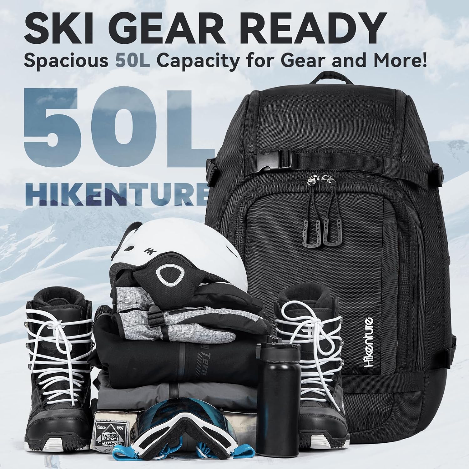 Hikenture Ski Boot Bag Backpack, 50L Padded Ski Bag & Snowboard Boot Bag with Drain Holes, Large Capacity Water-Resistant Ski Travel Bag for Ski Boots, Helmet, Goggles, Clothes, Gloves, Snowboard Gear - Image 7