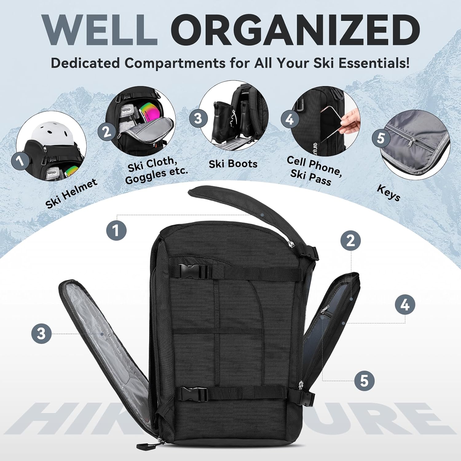 Hikenture Ski Boot Bag Backpack, 50L Padded Ski Bag & Snowboard Boot Bag with Drain Holes, Large Capacity Water-Resistant Ski Travel Bag for Ski Boots, Helmet, Goggles, Clothes, Gloves, Snowboard Gear - Image 5