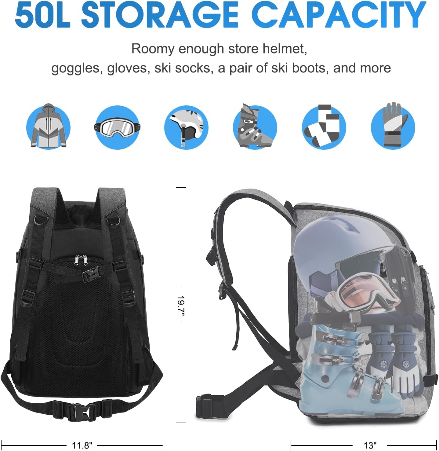 Octsky Ski Boot Bag - 50L Ski Travel Backpack for Snowboard Boot, Helmet, Goggles, Gloves & Accessories, Grey - Image 7